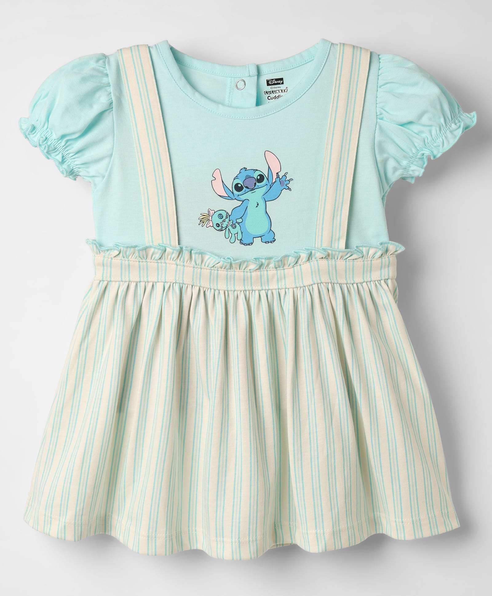 CUCUMBER Sinker Knit Half Sleeves Striped & Stitch Printed Frock - Light Blue-picture-30