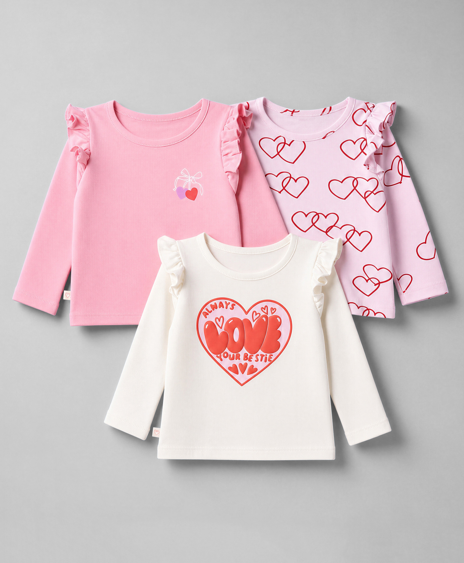 Bonfino 100% Cotton Knit Full Sleeves T-Shirts with Frill Detailing and Hearts Print Pack of 3 - Light Pink Pink & White-image-18