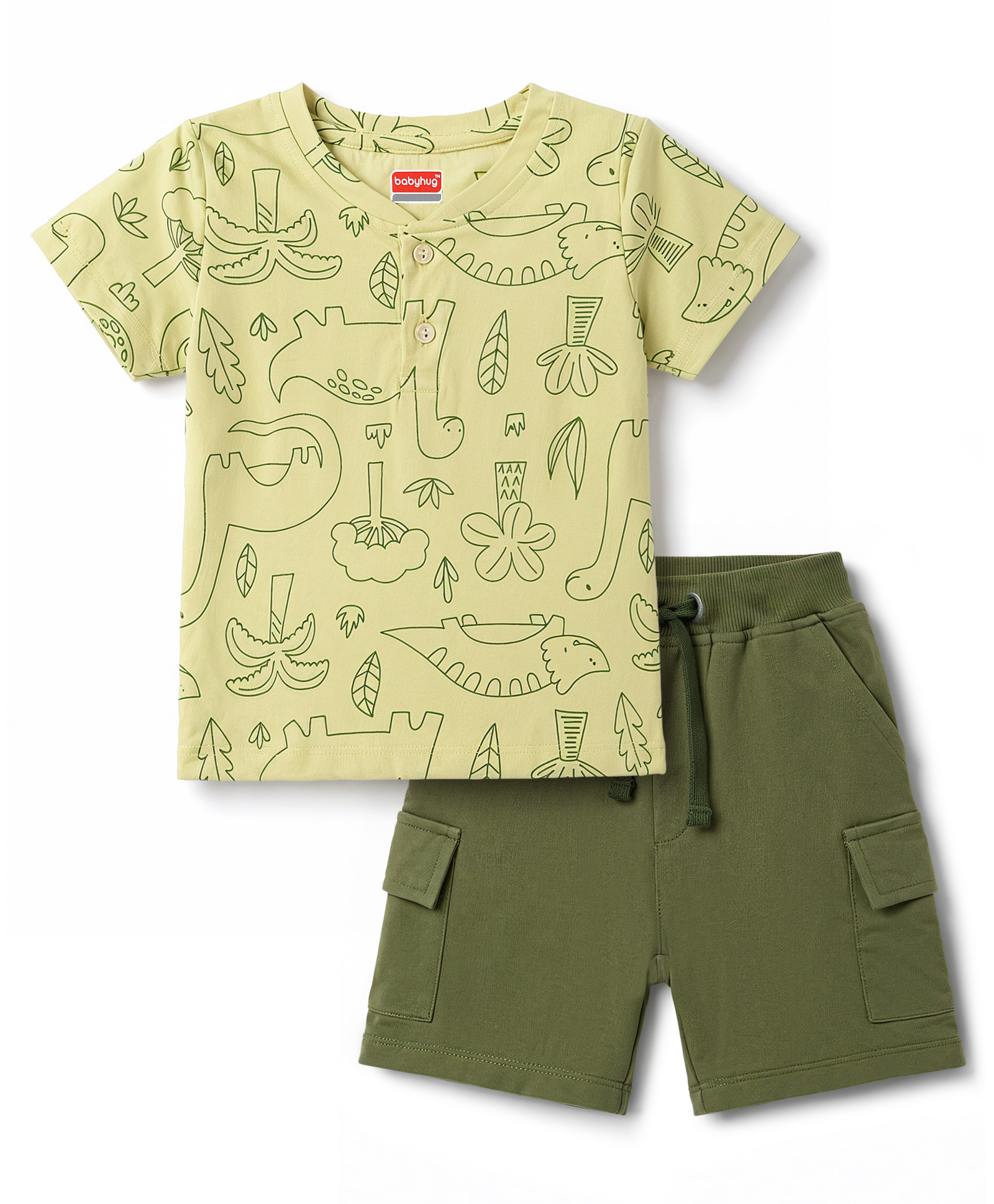 Babyhug Single Jersey Knit Half Sleeves Dino Printed Henley T-Shirt and Shorts Set - Olive Green-image-32