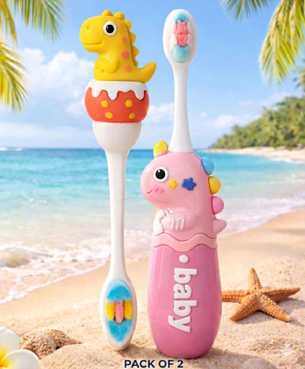 Ortis Kids Toothbrush with Soft Silicone Head - (Pack of 2) Yellow & Pink-picture-26
