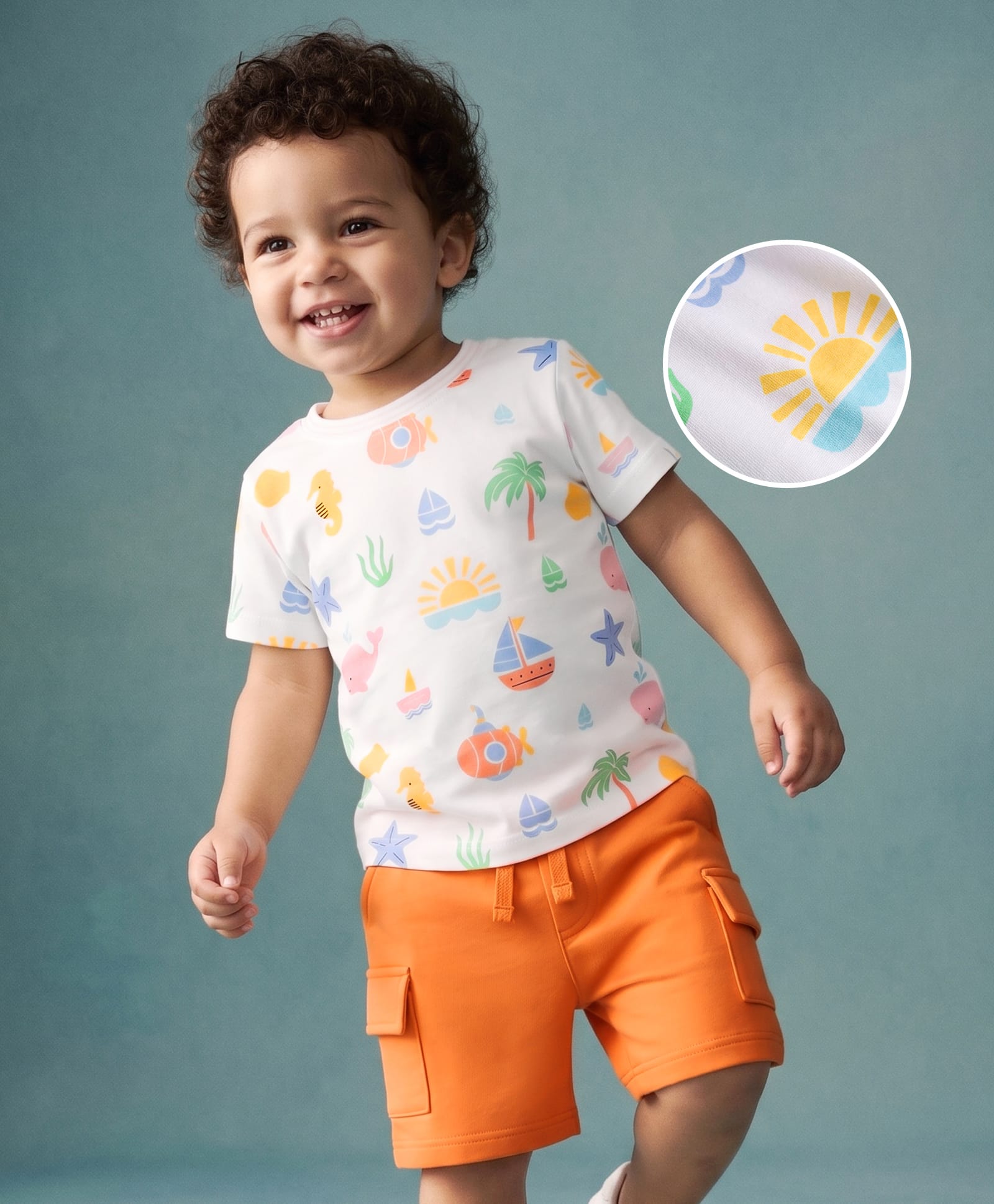 Babyhug 100% Cotton Knit Half Sleeves Sea Life & Nautical Theme Printed T-Shirt & Shorts Set - Orange & White-image-47