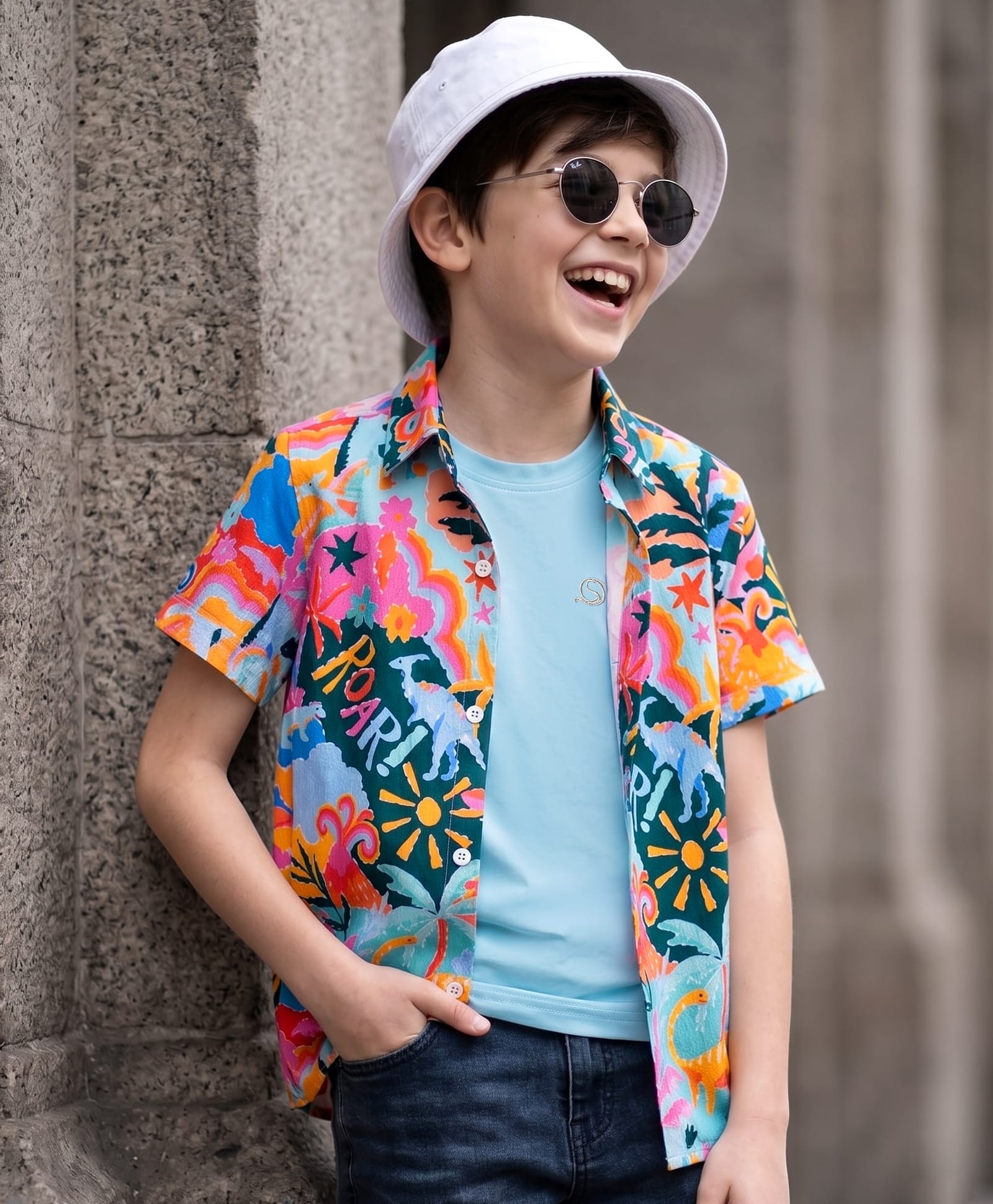 Ollington St. Cotton Woven Half Sleeves Twofer Shirt with Dinosaur & Tropical Theme Print - Sky Blue-image-15