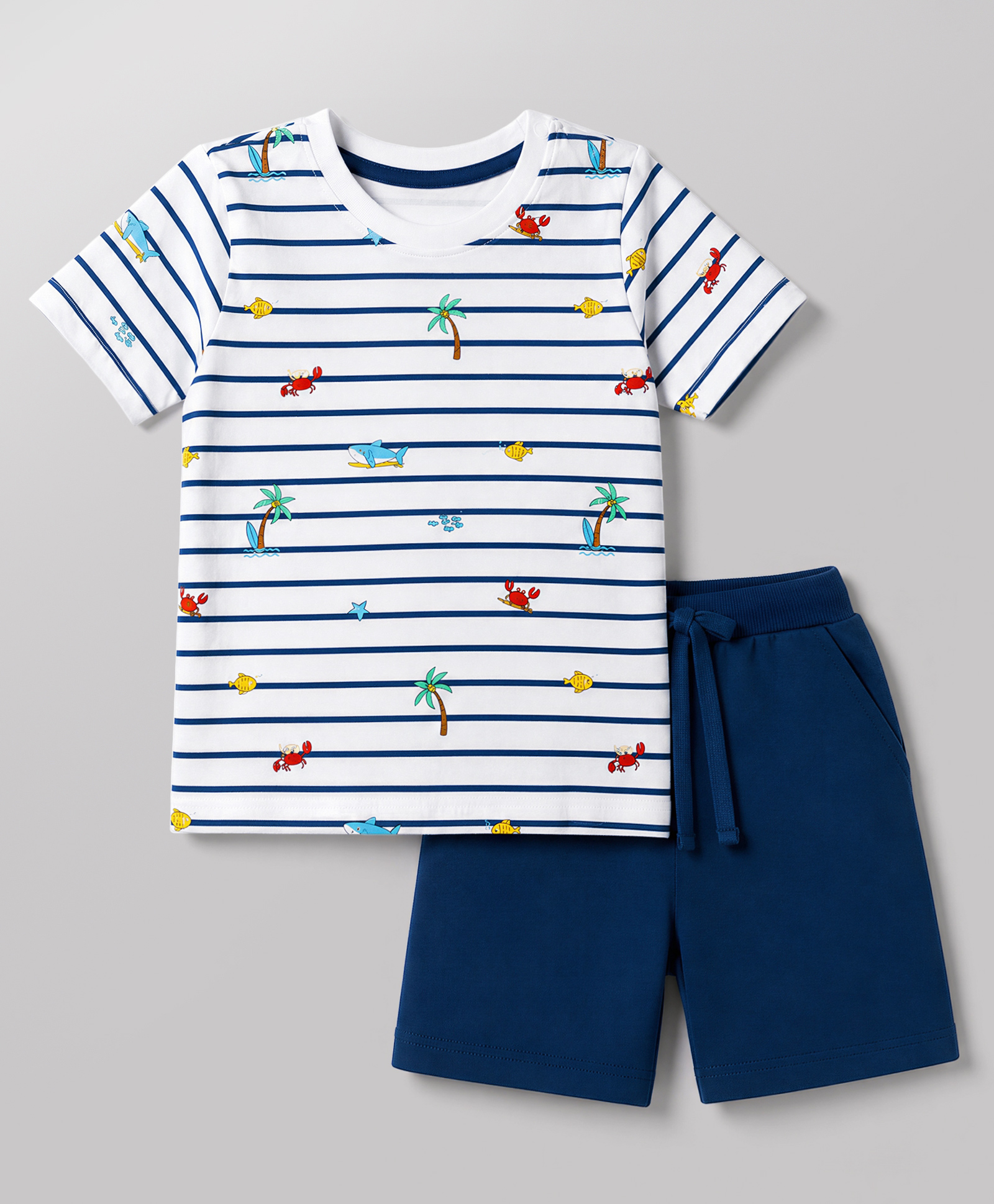 Babyhug Single Jersey Knit Half Sleeves T-Shirt & Shorts Set With Sea Life Print - White & Navy Blue-image-37