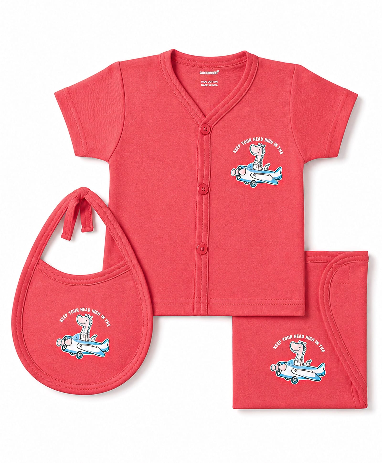 CUCUMBER Sinker Knit Half Sleeves Aeroplane & Animal Printed T-Shirt & Shorts Night Suit With Bib - Red-picture-24