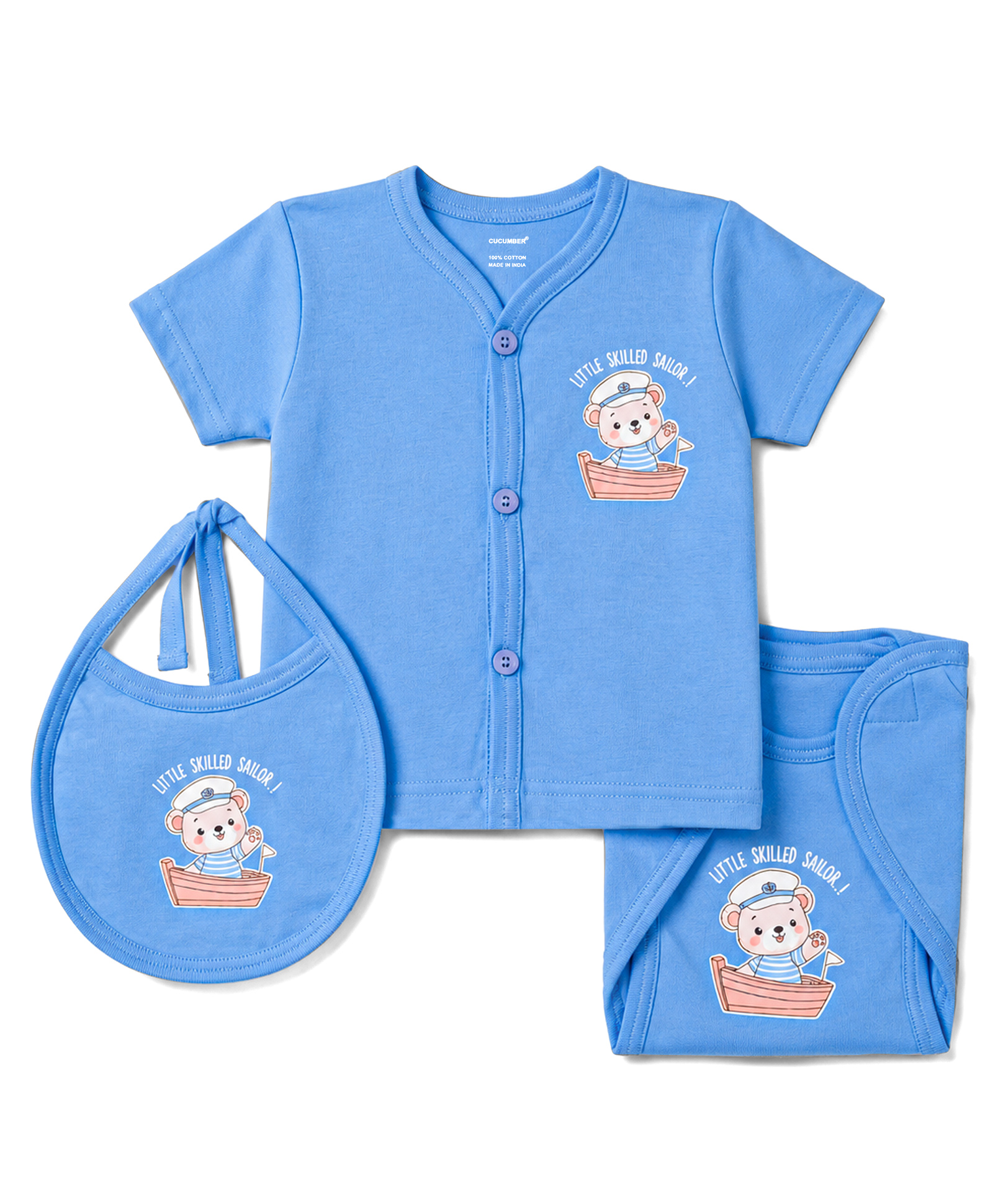 CUCUMBER Sinker Knit Half Sleeves Nautical Theme & Bear Printed T-Shirt & Shorts Night Suit With Bib - Royal Blue-picture-14