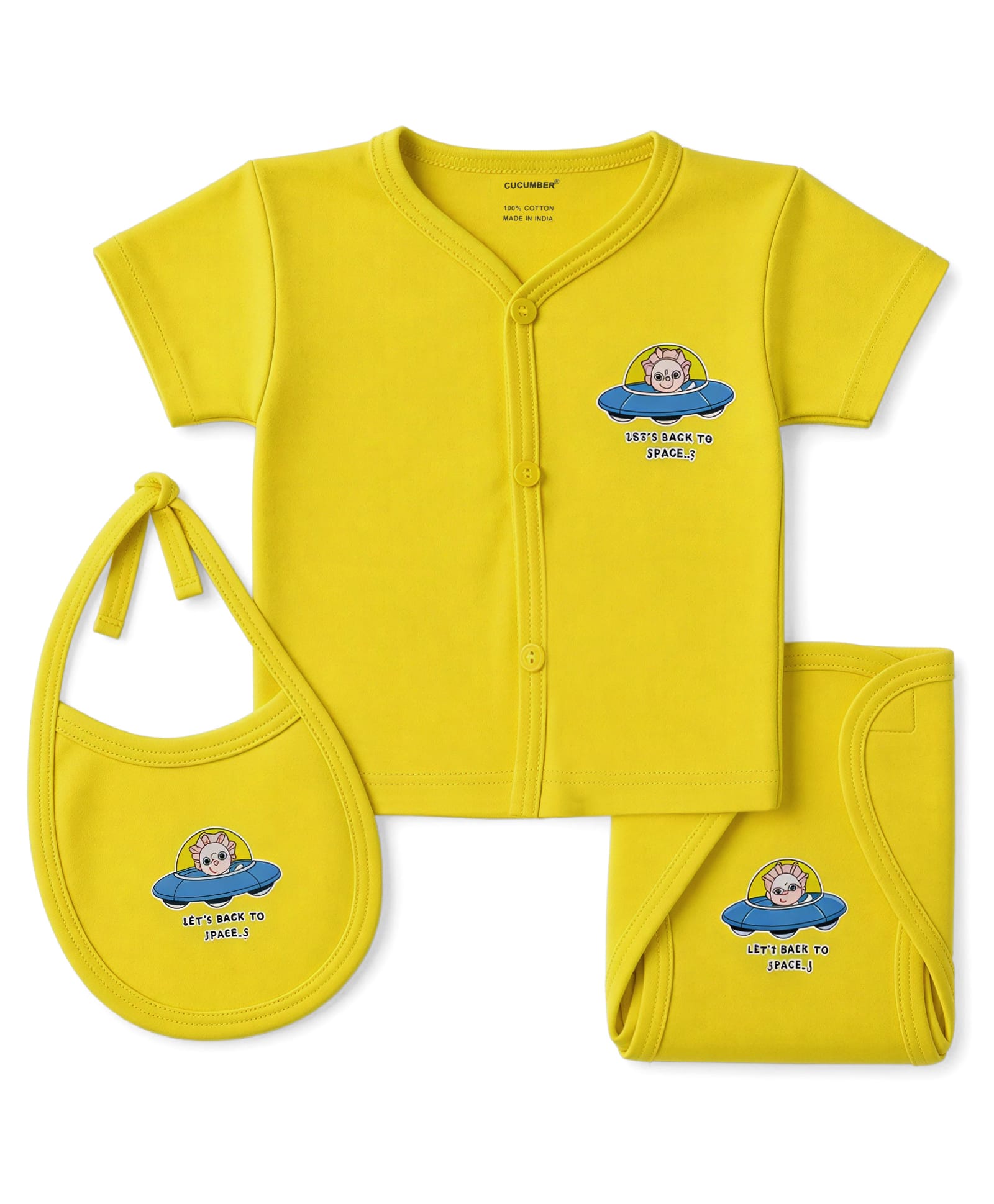 CUCUMBER Sinker Knit Half Sleeves Space Theme Printed T-Shirt & Shorts Night Suit With Bib - Lime Green-picture-15