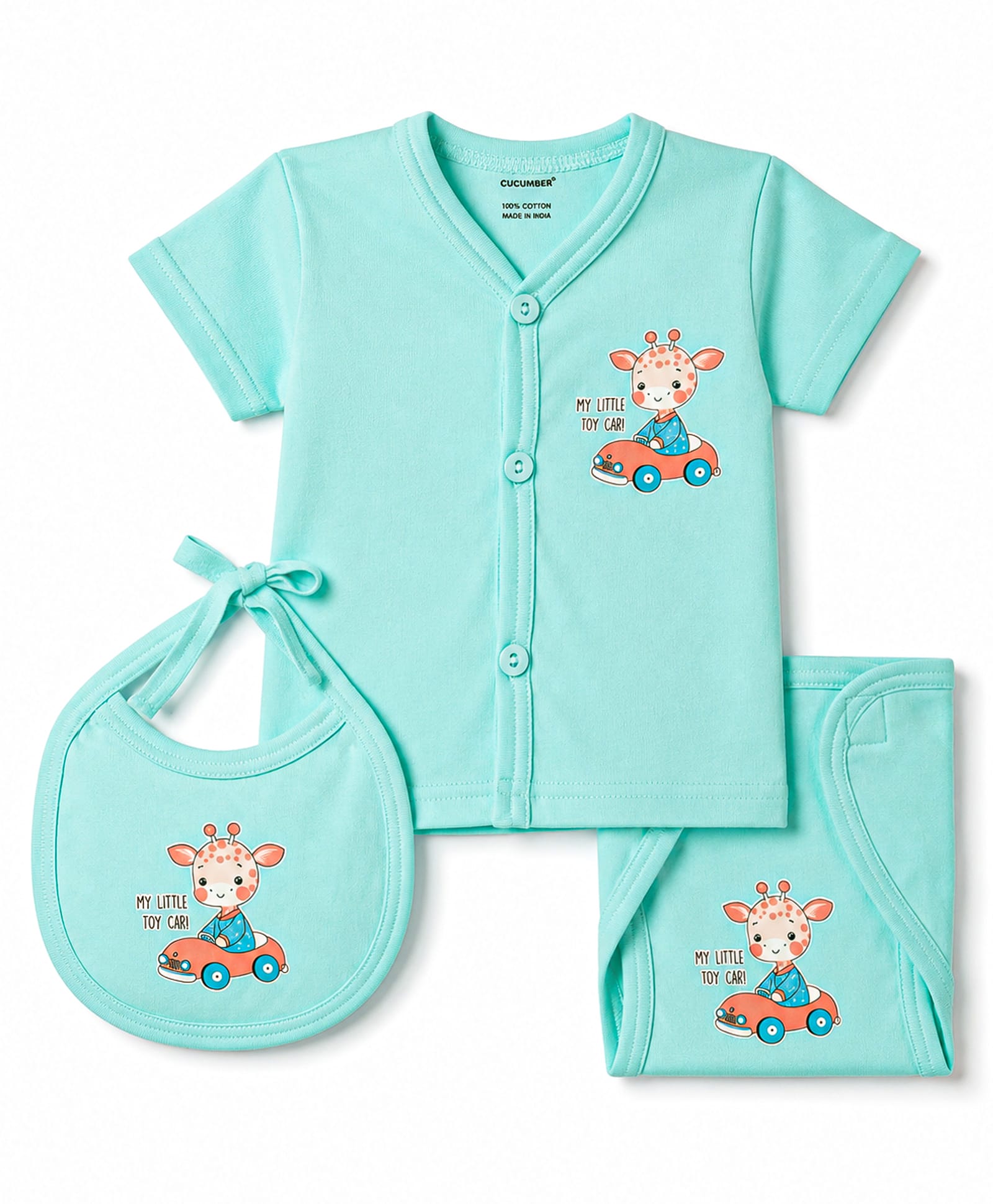CUCUMBER Sinker Knit Half Sleeves Animal & Vehicles Printed T-Shirt & Shorts Night Suit With Bib - Mint-picture-47