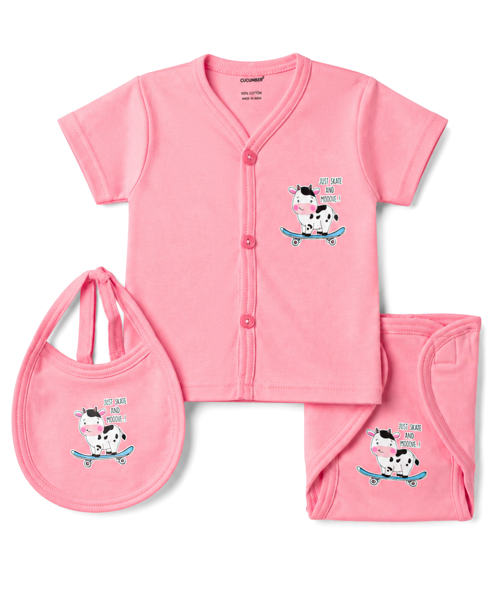 CUCUMBER Sinker Knit Half Sleeves Cow Printed T-Shirt & Shorts Night Suit With Bib - Peach-picture-14