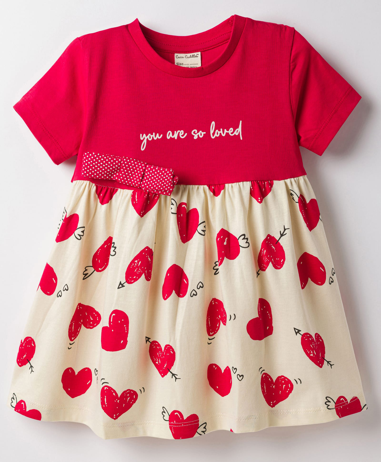 CUCUMBER Sinker Knit Half Sleeves Hearts Printed Frock With Bow Applique - Red-picture-17