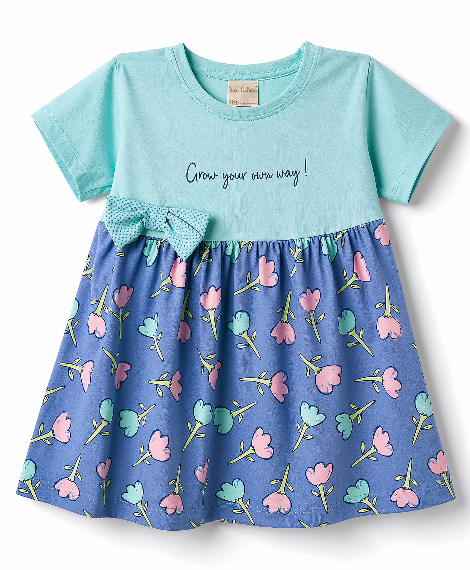 CUCUMBER Sinker Knit Half Sleeves Floral Printed Frock With Bow Applique - Light Blue-picture-16