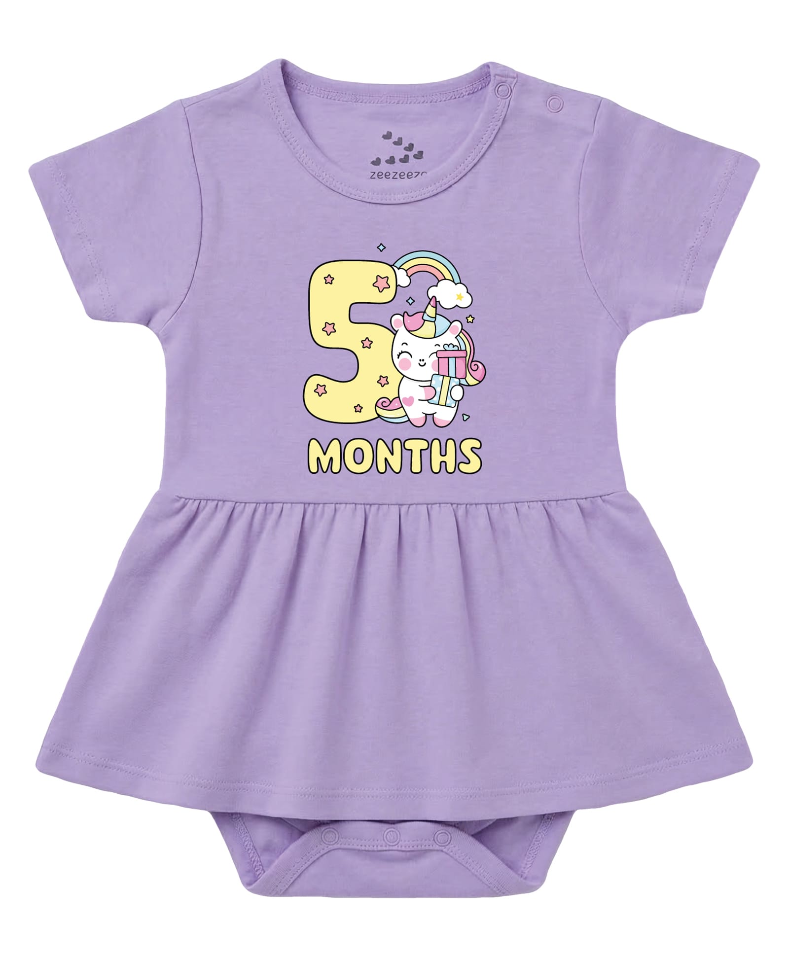 Zeezeezoo 100% Cotton Knit Half Sleeves 5 Months Text & Unicorn Printed Frock Style Onesie - Lavender-picture-30