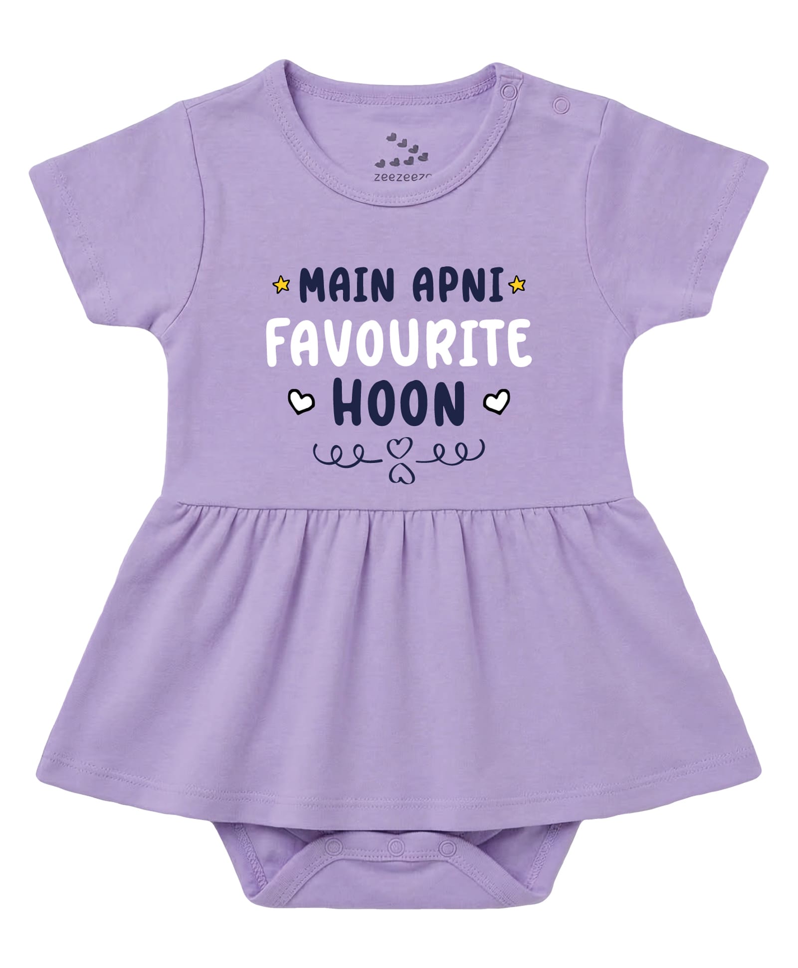 Zeezeezoo 100% Cotton Knit Half Sleeves Main Apni Favourite Hoon Text Printed Frock Style Onesie - Lavender-picture-3