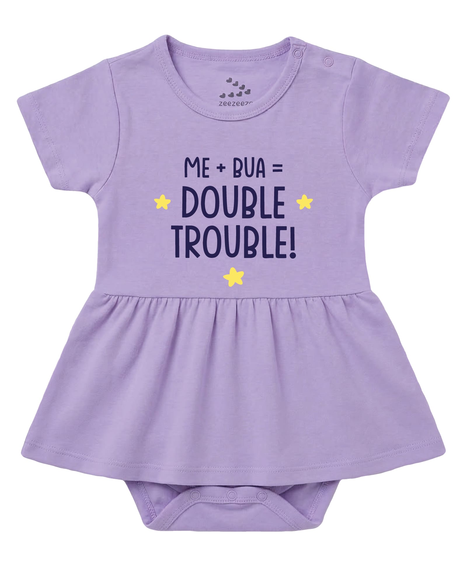 Zeezeezoo 100% Cotton Knit Half Sleeves Me Bua Double Trouble Text Printed Frock Style Onesie - Lavender-picture-23