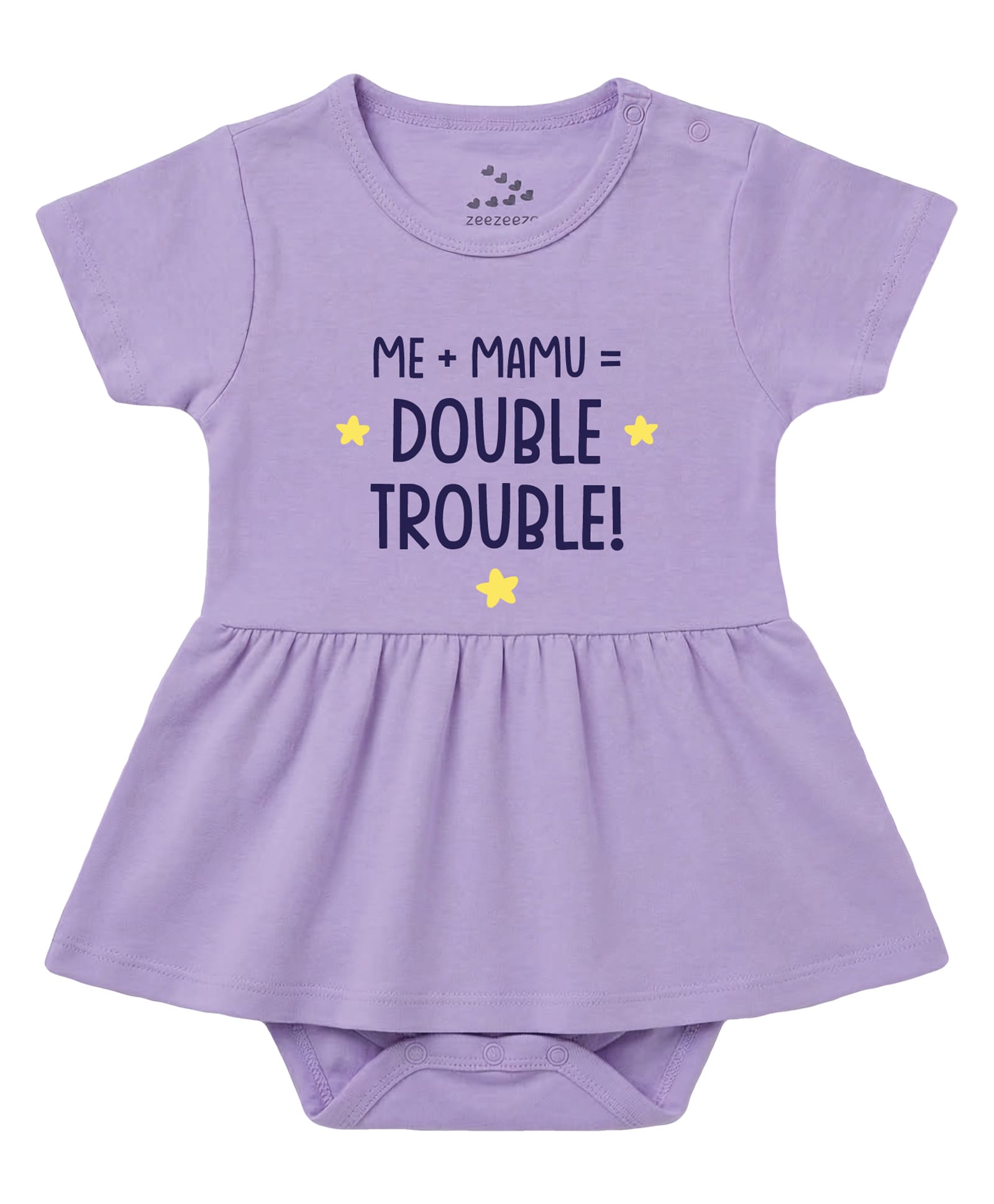 Zeezeezoo 100% Cotton Knit Half Sleeves Me Mamu Double Trouble Text Printed Frock Style Onesie - Lavender-picture-4