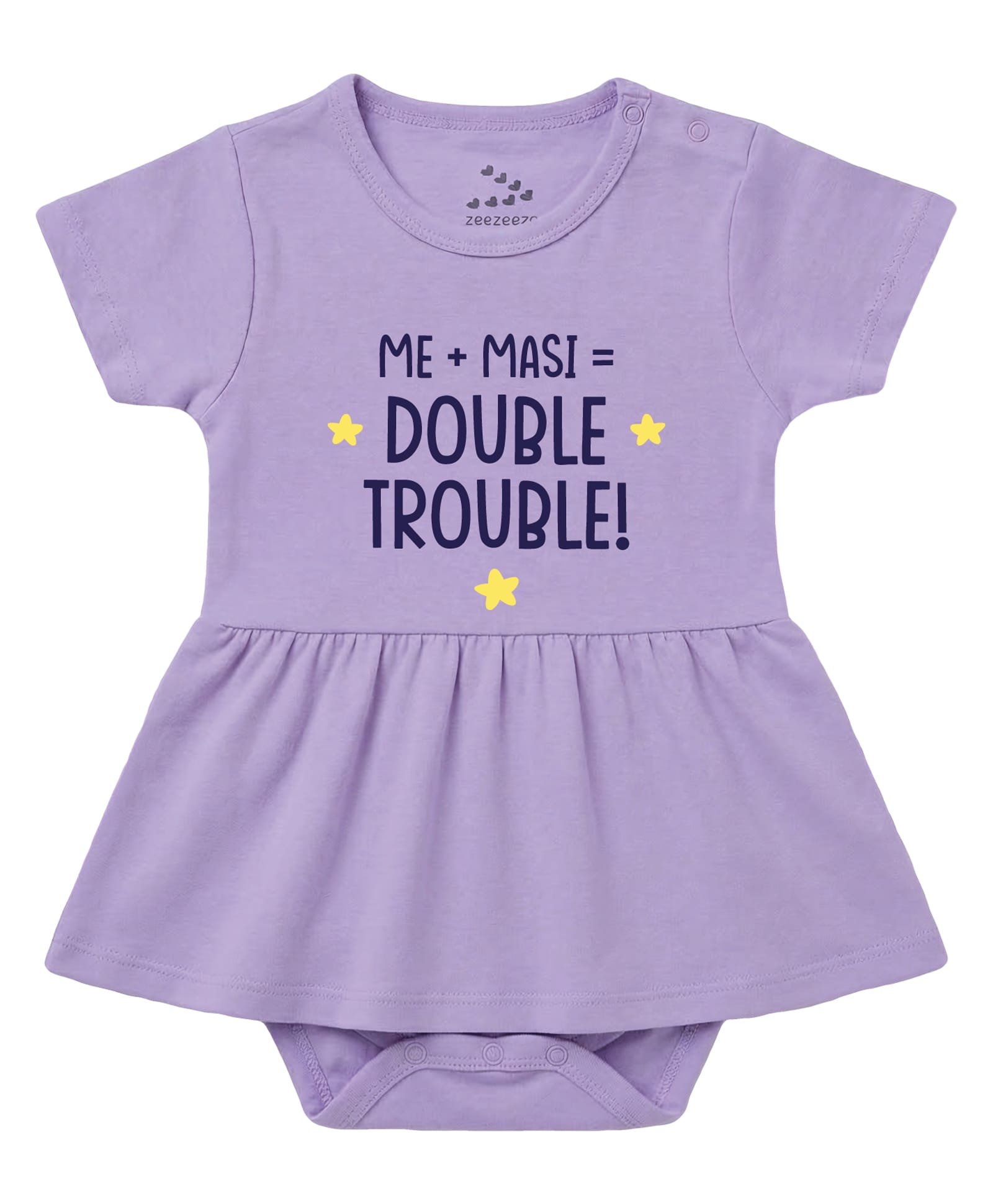 Zeezeezoo 100% Cotton Knit Half Sleeves Me Masi Double Trouble Text Printed Frock Style Onesie - Lavender-picture-34