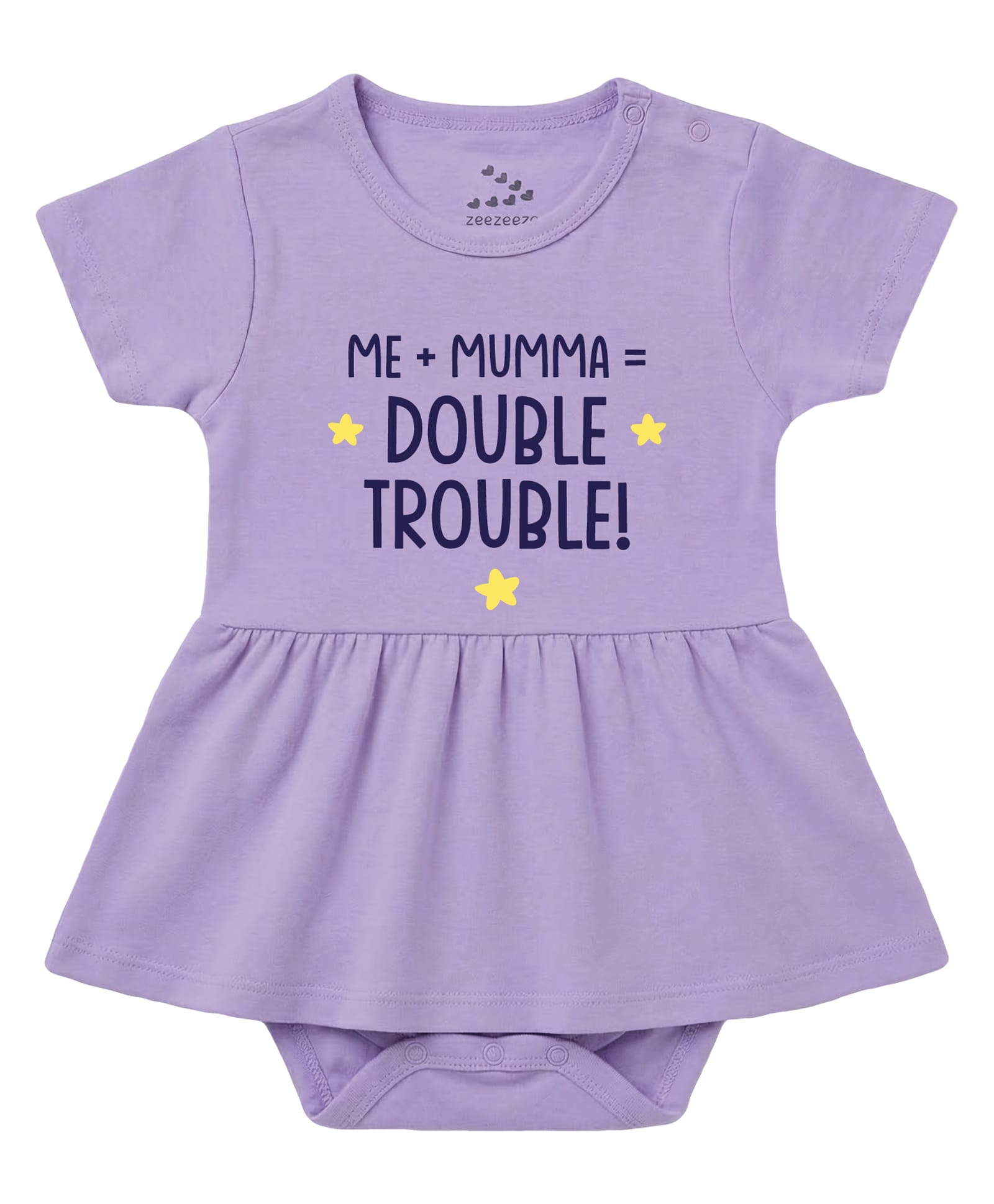Zeezeezoo 100% Cotton Knit Half Sleeves Me Mumma Double Trouble Text Printed Frock Style Onesie - Lavender-picture-8