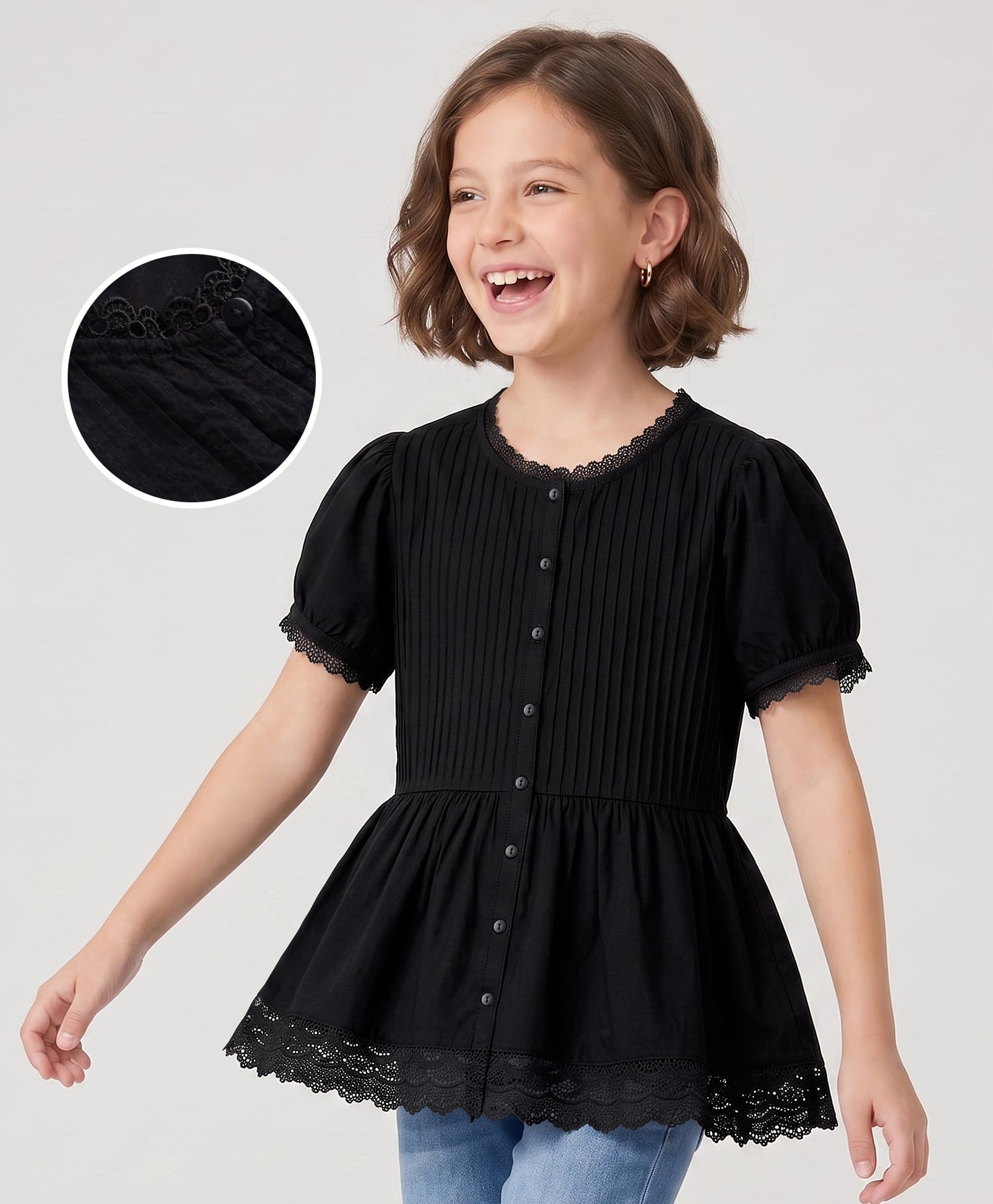 arias by lara dutta Arias Cotton Woven Peplum Top with Half Sleeves and Pintucks in Black for 6-7 Years-picture-11