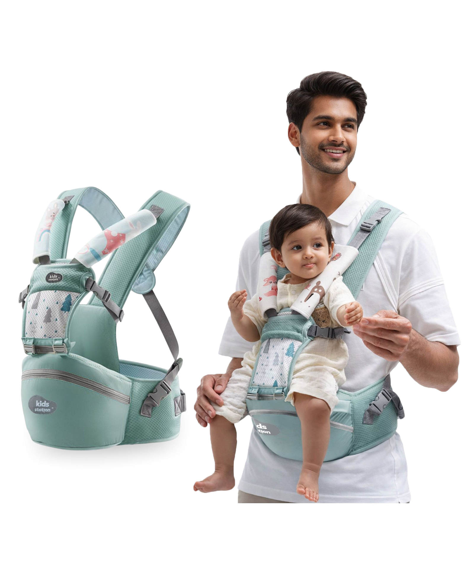 Kids Station Ergo Baby Carrier with 4 Carry Positions, Patented Design, 100% Cotton, Specially Designed for Indian Environment, Adjustable New-Born to Toddler Carrier, Max Weight Up to 15 Kgs (Green)-picture-40