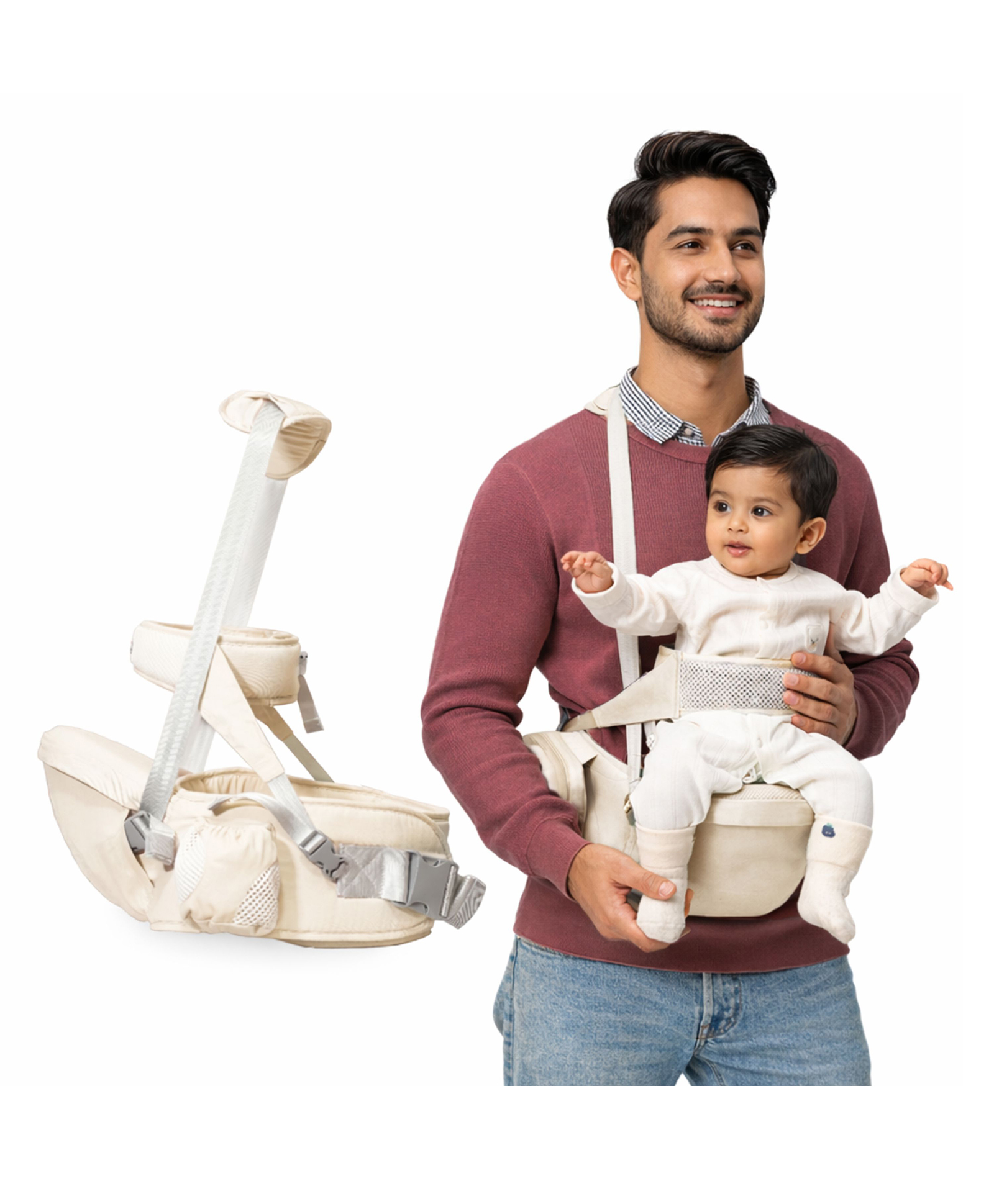 Kids Station Baby Carrier with 4 Carry Positions, Patented Design, 100% Cotton, Designed for Indian Environment, Adjustable New-Born to Toddler Carrier, Max Weight Up to 15 Kgs (Beige, Happy Strap)-picture-19