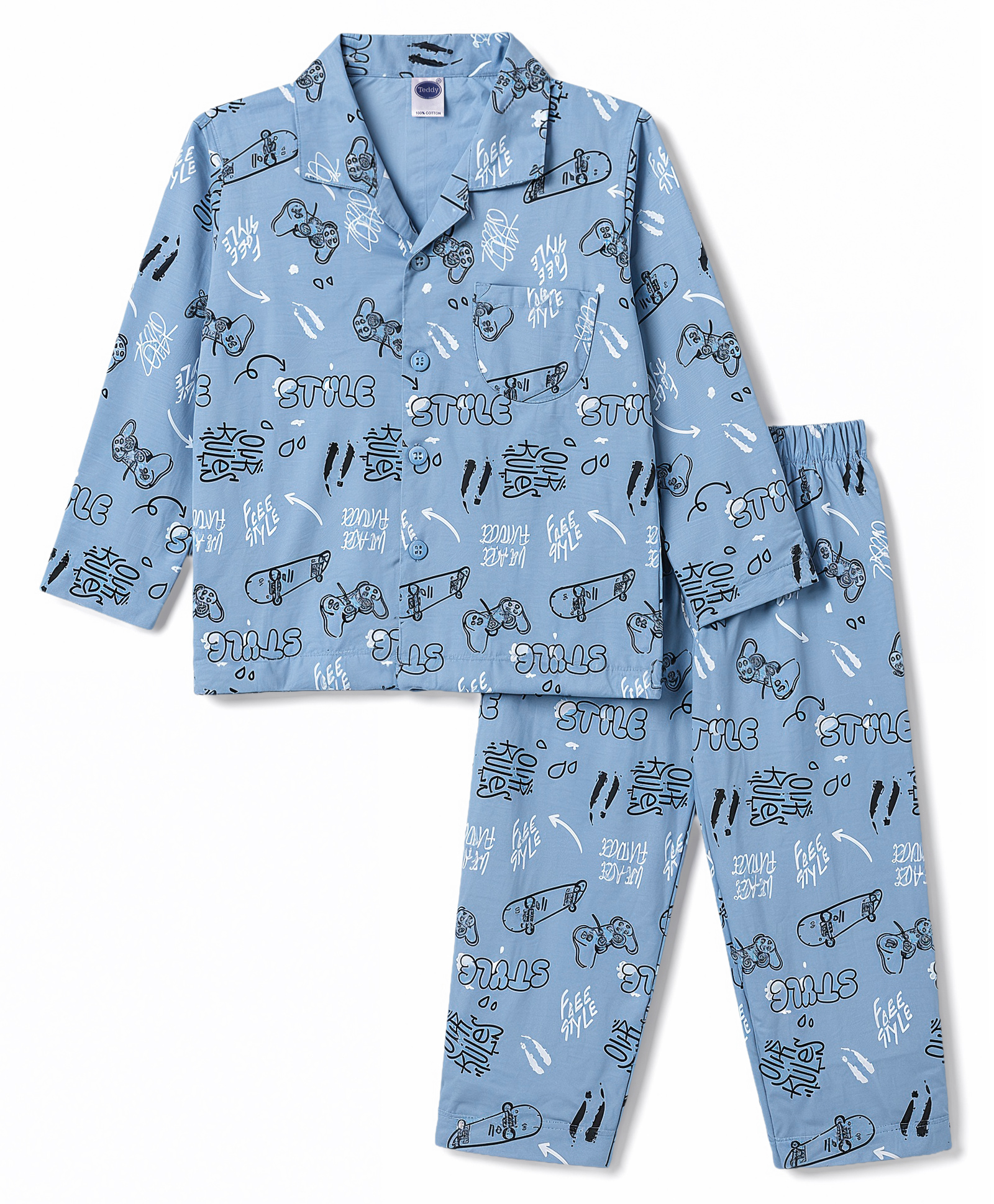Teddy Sinker Knit Full Sleeves Text Printed Co-Ords Shirt & Pyjama Night Suit - Blue-picture-48