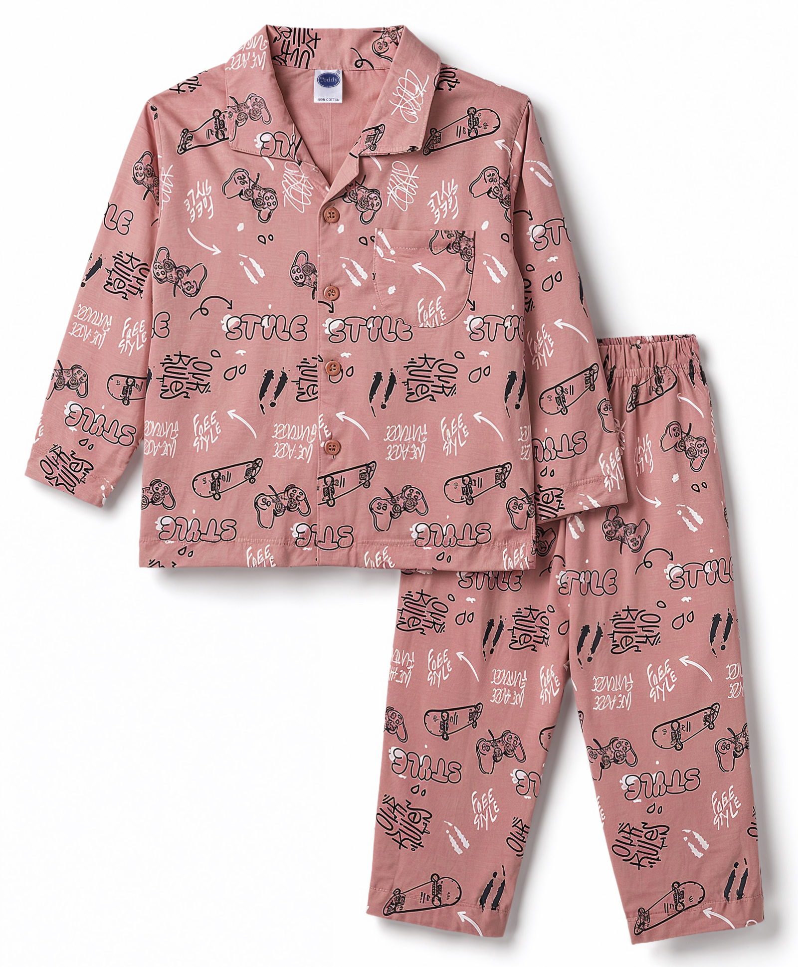 Teddy Sinker Knit Full Sleeves Text Printed Co-Ords Shirt & Pyjama Night Suit - Pink-picture-2