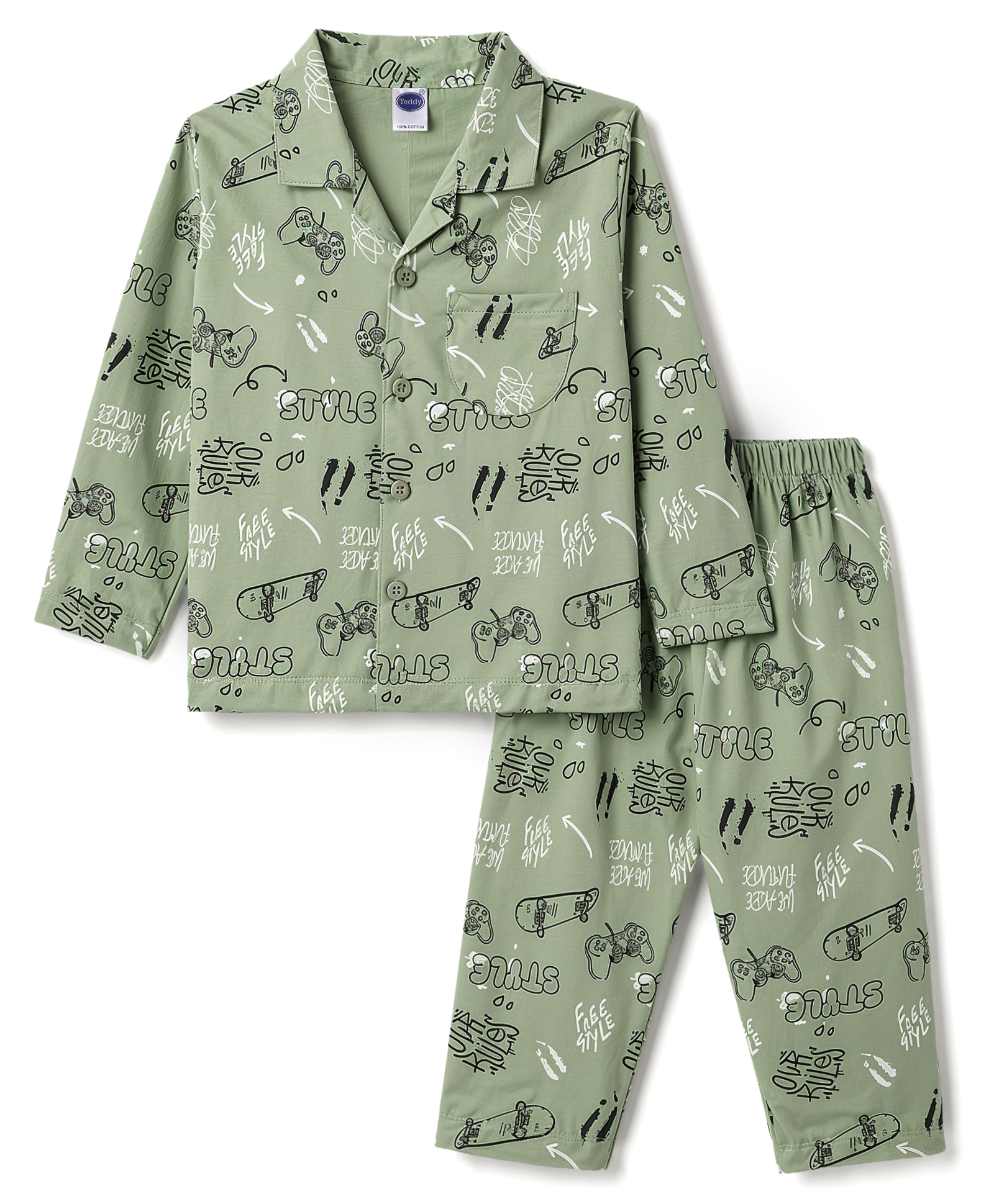 Teddy Sinker Knit Full Sleeves Text Printed Co-Ords Shirt & Pyjama Night Suit - Green-picture-3