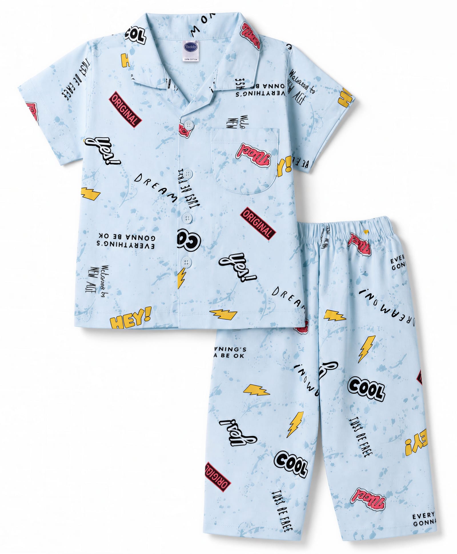 Teddy Sinker Knit Half Sleeves Shirt & Pyjama Co-ords Night Suit With Text Print - Blue-picture-1