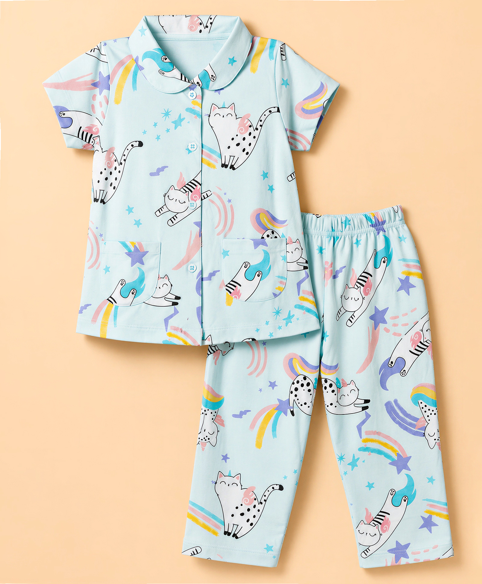 Teddy Sinker Knit Half Sleeves Shirt & Pyjama Co-ords Night Suit With Cat & Star Print - Blue-picture-39
