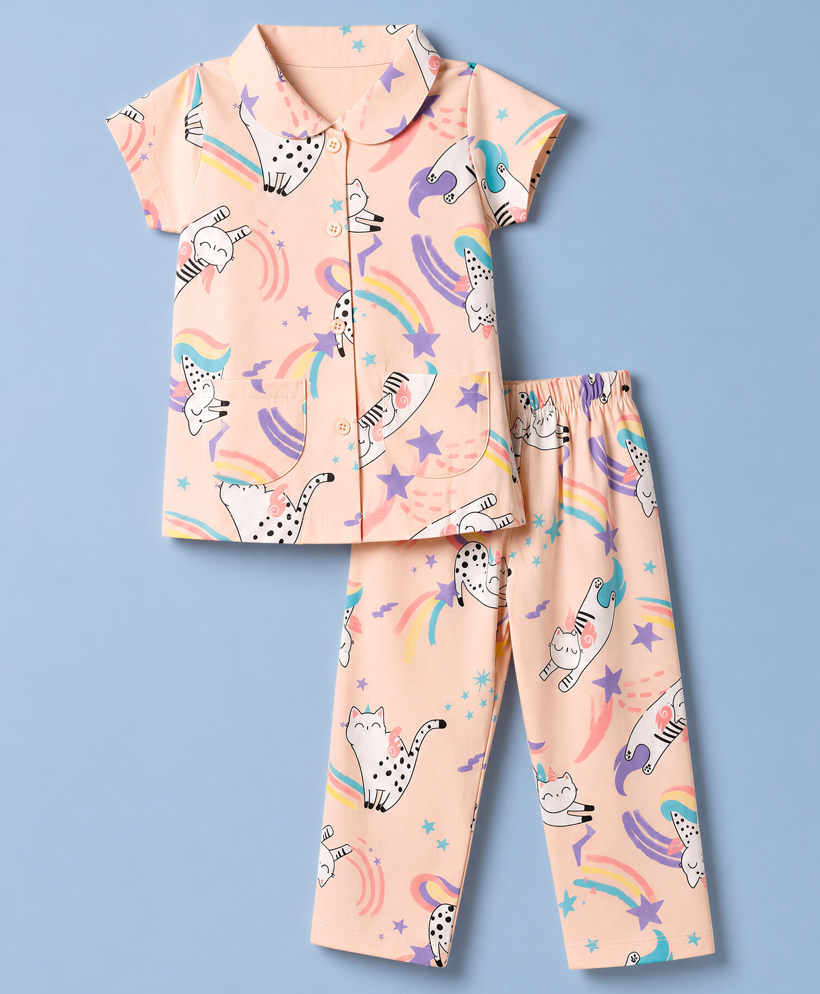 Teddy Sinker Knit Half Sleeves Shirt & Pyjama Co-ords Night Suit With Cat & Star Print - Orange-picture-38