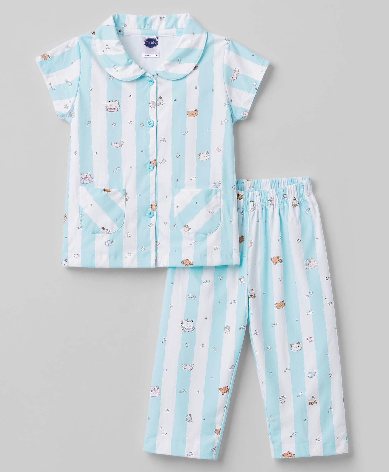 Teddy Sinker Knit Half Sleeves Striped Co-Ords Shirt & Pajama Night Suit with Bear Print - Light Blue-picture-23