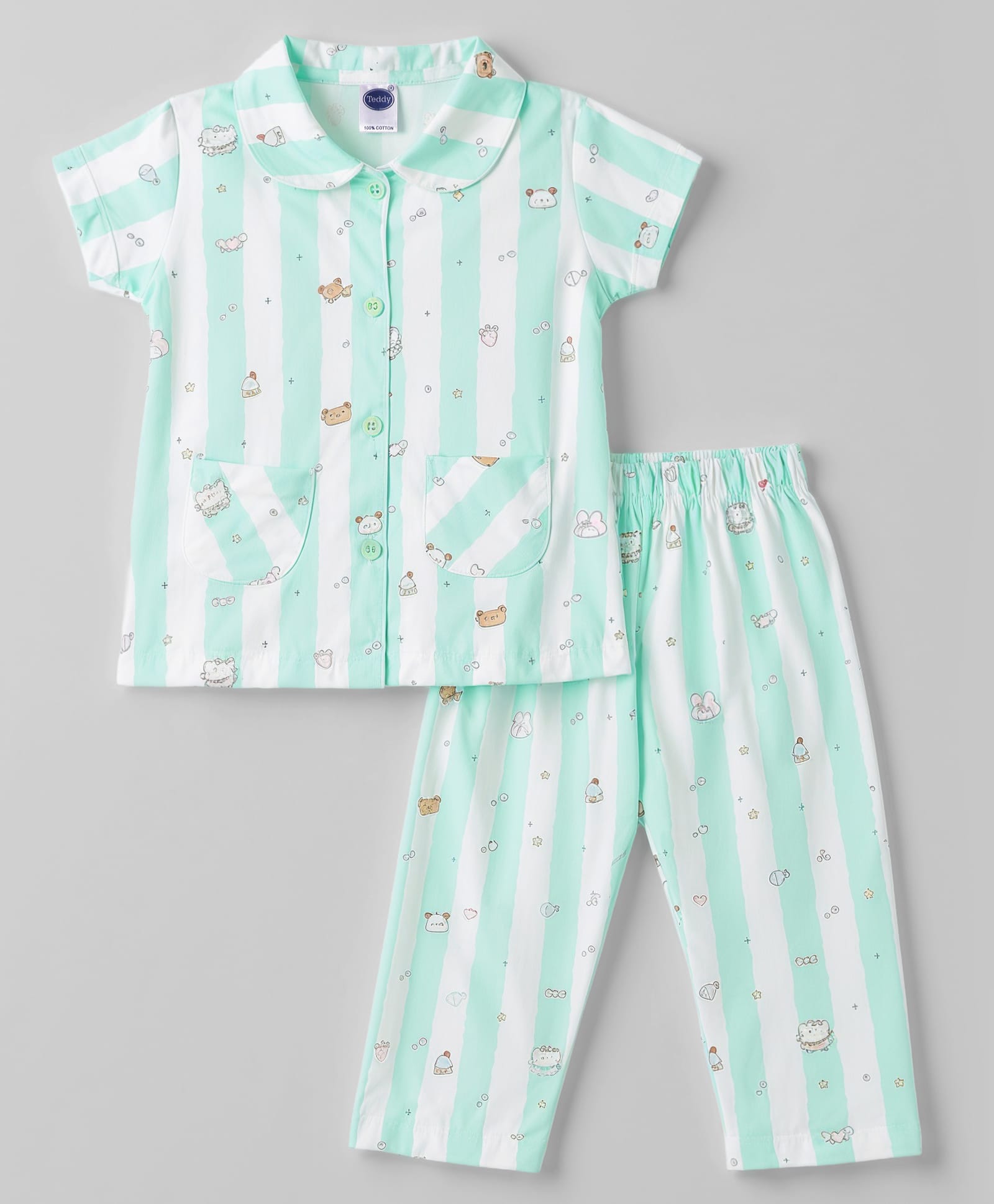 Teddy Sinker Knit Half Sleeves Striped Co-Ords Shirt & Pajama Night Suit with Bear Print- Sea Green-picture-11