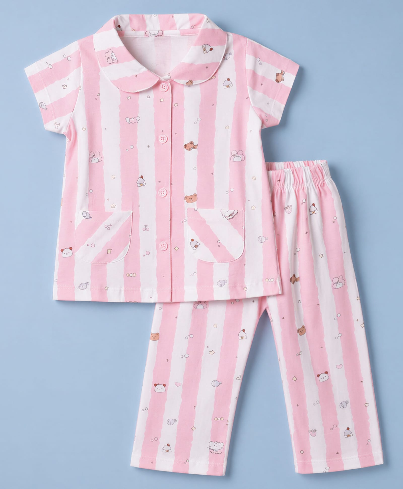 Teddy Sinker Knit Half Sleeves Striped Co-Ords Shirt & Pajama Night Suit with Bear Print - Pink-picture-33
