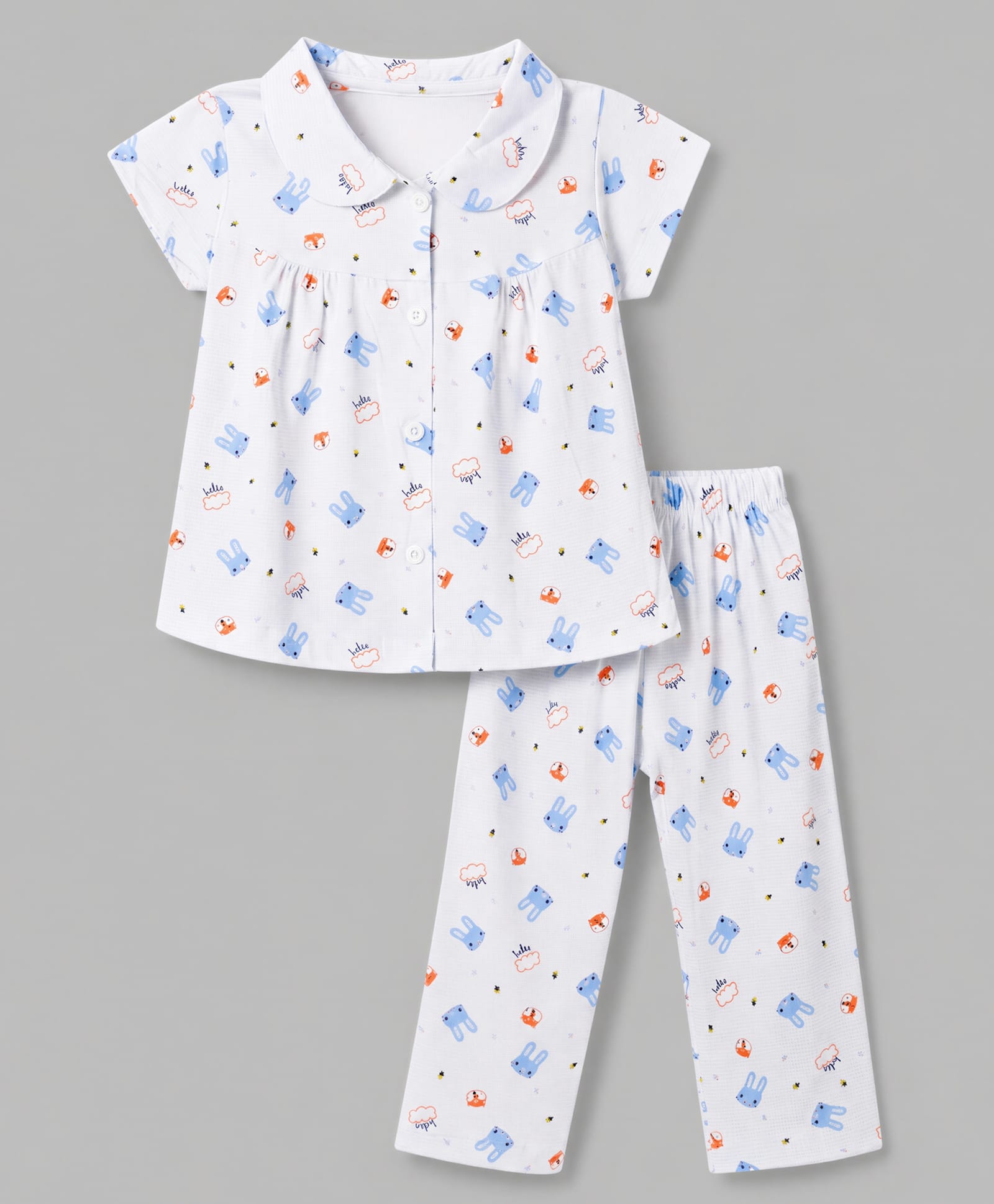 Teddy Sinker Knit Half Sleeves Top & Pyjama Co-ords Night Suit With Bunny Face Print - Blue-picture-22
