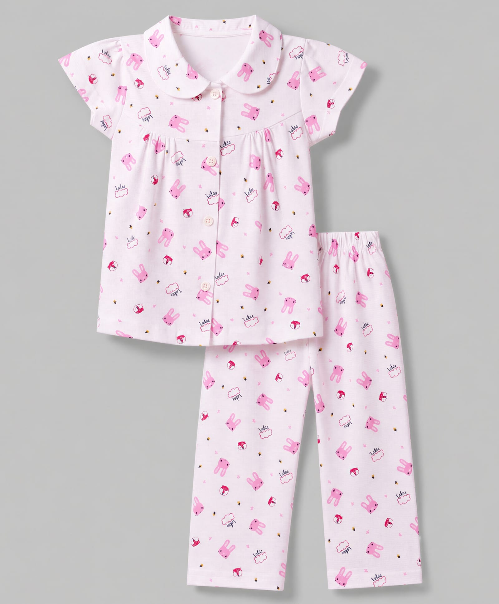 Teddy Sinker Knit Half Sleeves Top & Pyjama Co-ords Night Suit With Bunny Face Print - Pink-image-28