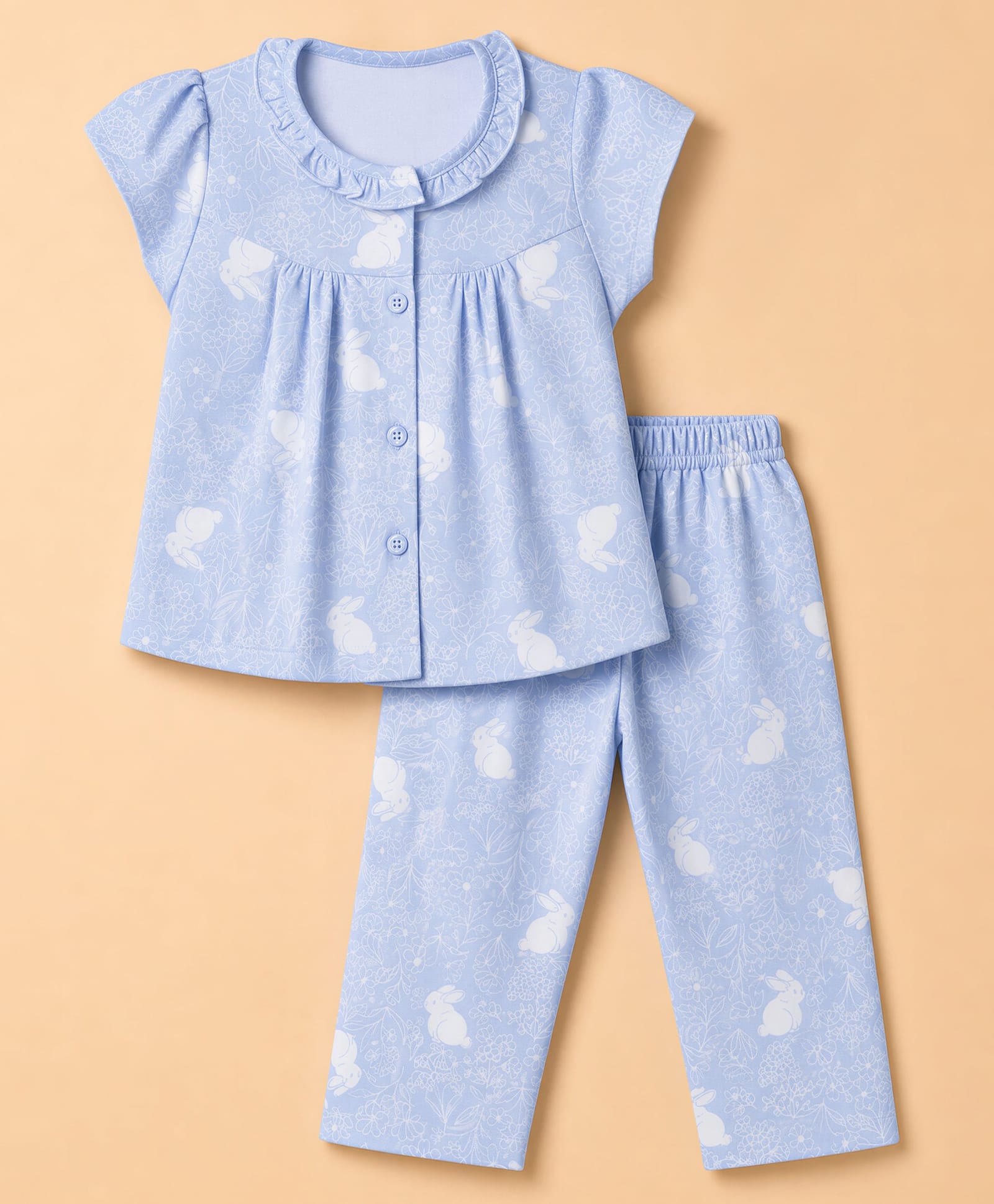 Teddy Sinker Knit Half Sleeves Top & Pyjama Co-ords Night Suit With Rabbit Print - Blue-picture-21