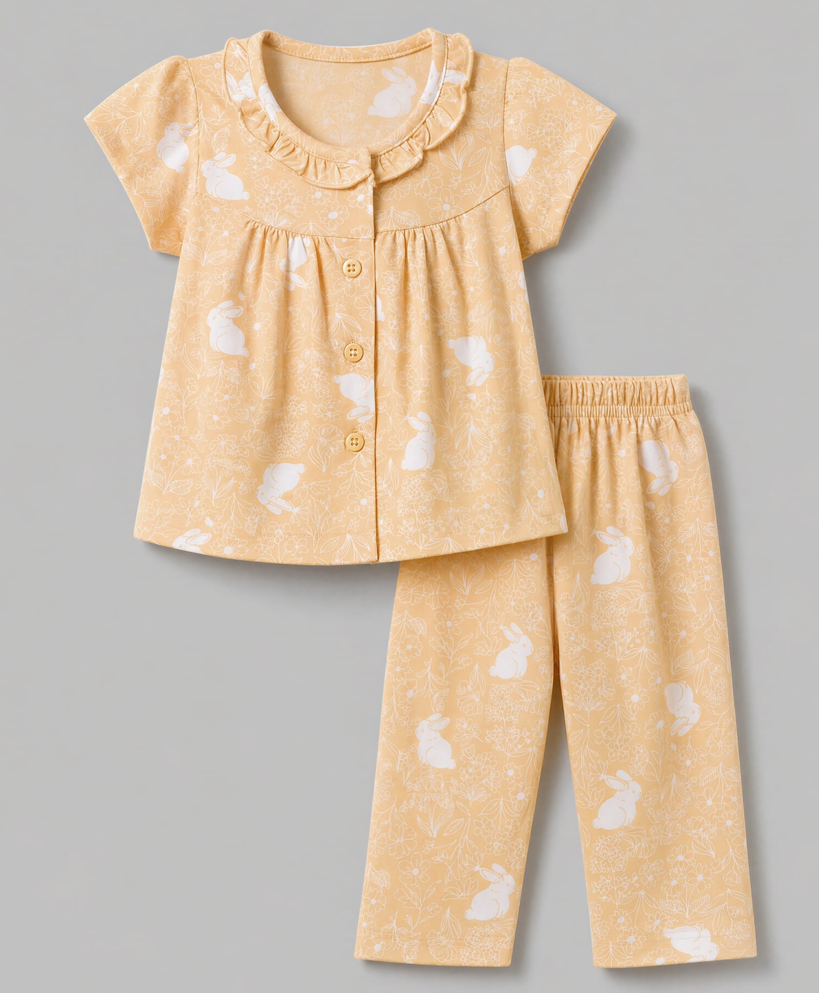 Teddy Sinker Knit Half Sleeves Top & Pyjama Co-ords Night Suit With Rabbit Print - Beige-picture-47