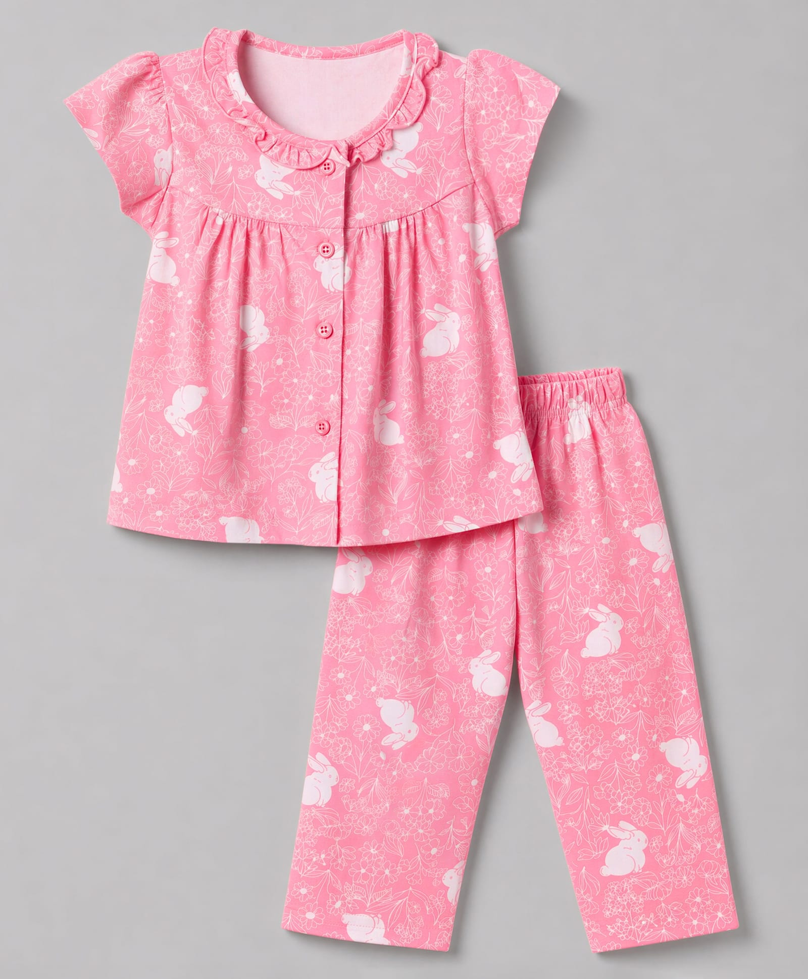 Teddy Sinker Knit Half Sleeves Top & Pyjama Co-ords Night Suit With Rabbit Print - Pink-picture-20