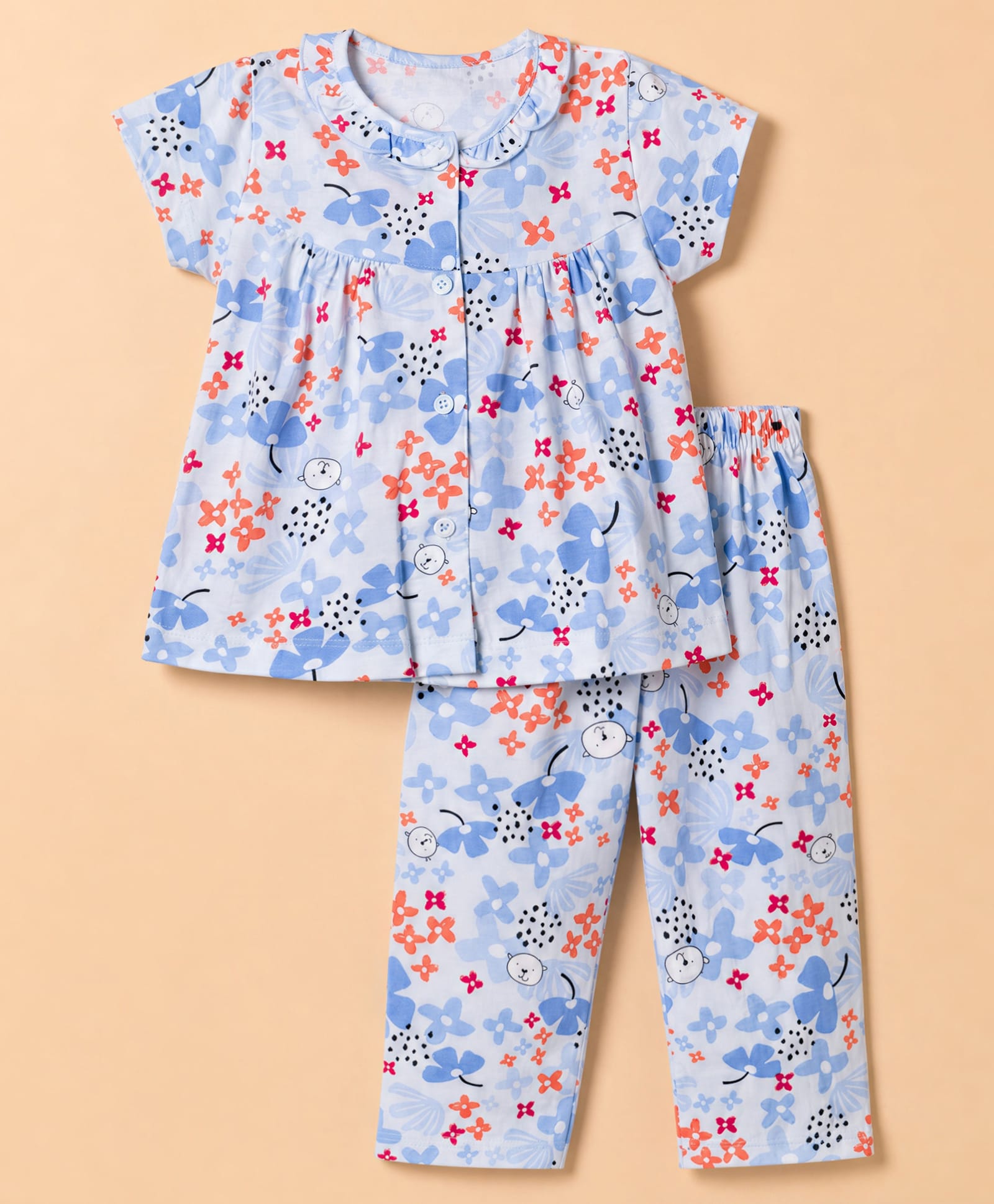 Teddy Sinker Knit Half Sleeves Top & Pyjama Night Suit with Floral & Bear Print - Blue-picture-6