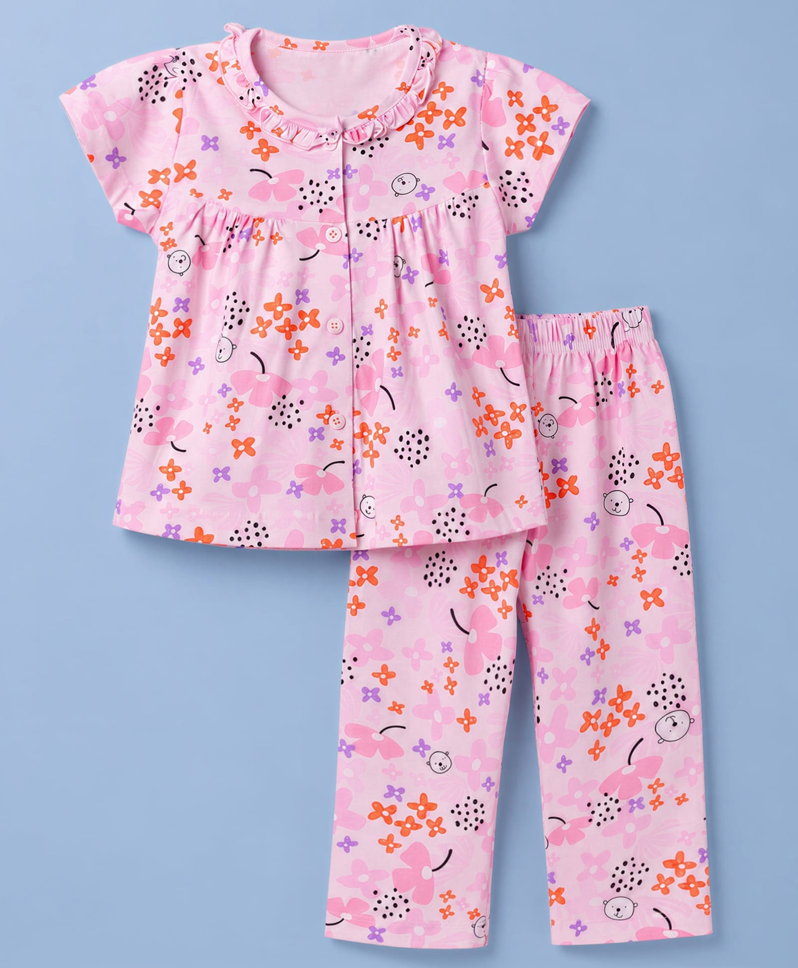 Teddy Sinker Knit Half Sleeves Top & Pyjama Night Suit with Floral & Bear Print - Pink-image-22