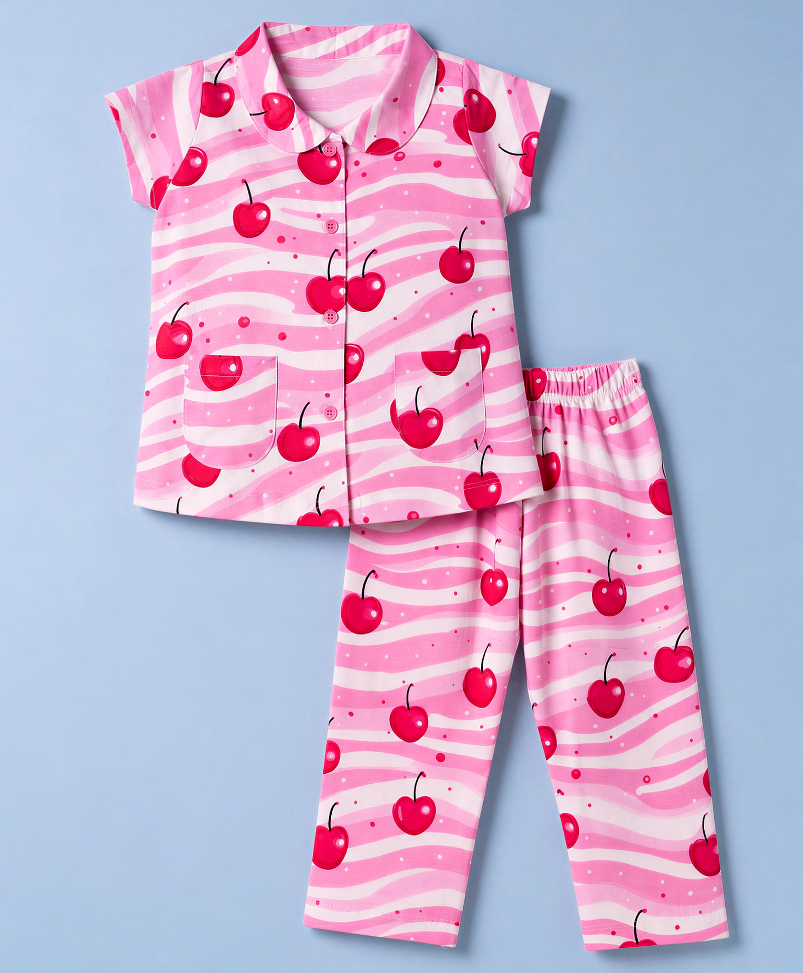 Teddy Sinker Knit Half Sleeves Shirt & Pyjama Night Suit with Cherry Print - Pink-picture-18