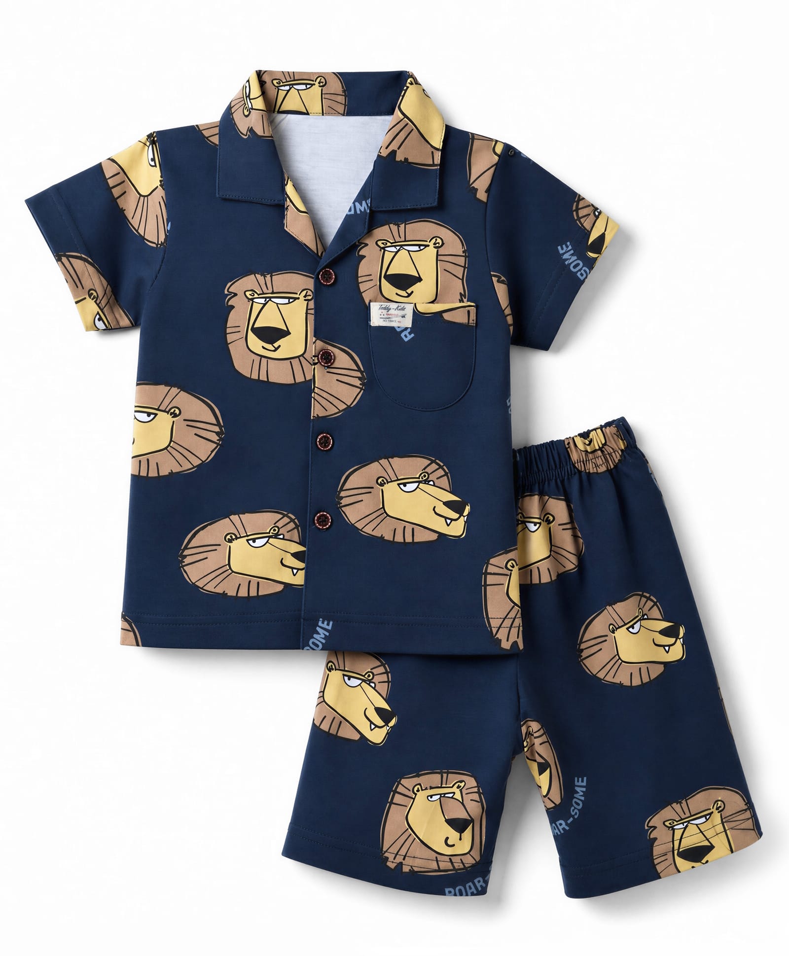 Teddy Sinker Knit Half Sleeves Co-ords Lion Face Printed Shirt & Shorts Night Suit - Navy Blue-image-40