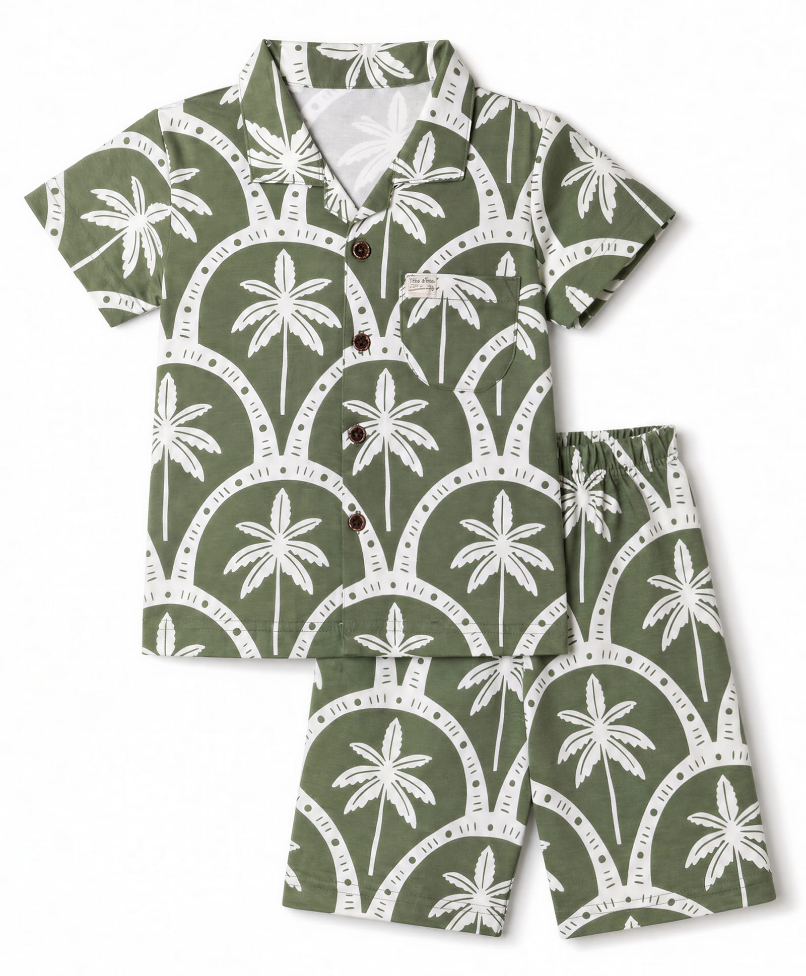 Teddy Sinker Knit Half Sleeves Co-ords Shirt & Shorts Night Suit with Palm Tree Print - Green-image-32