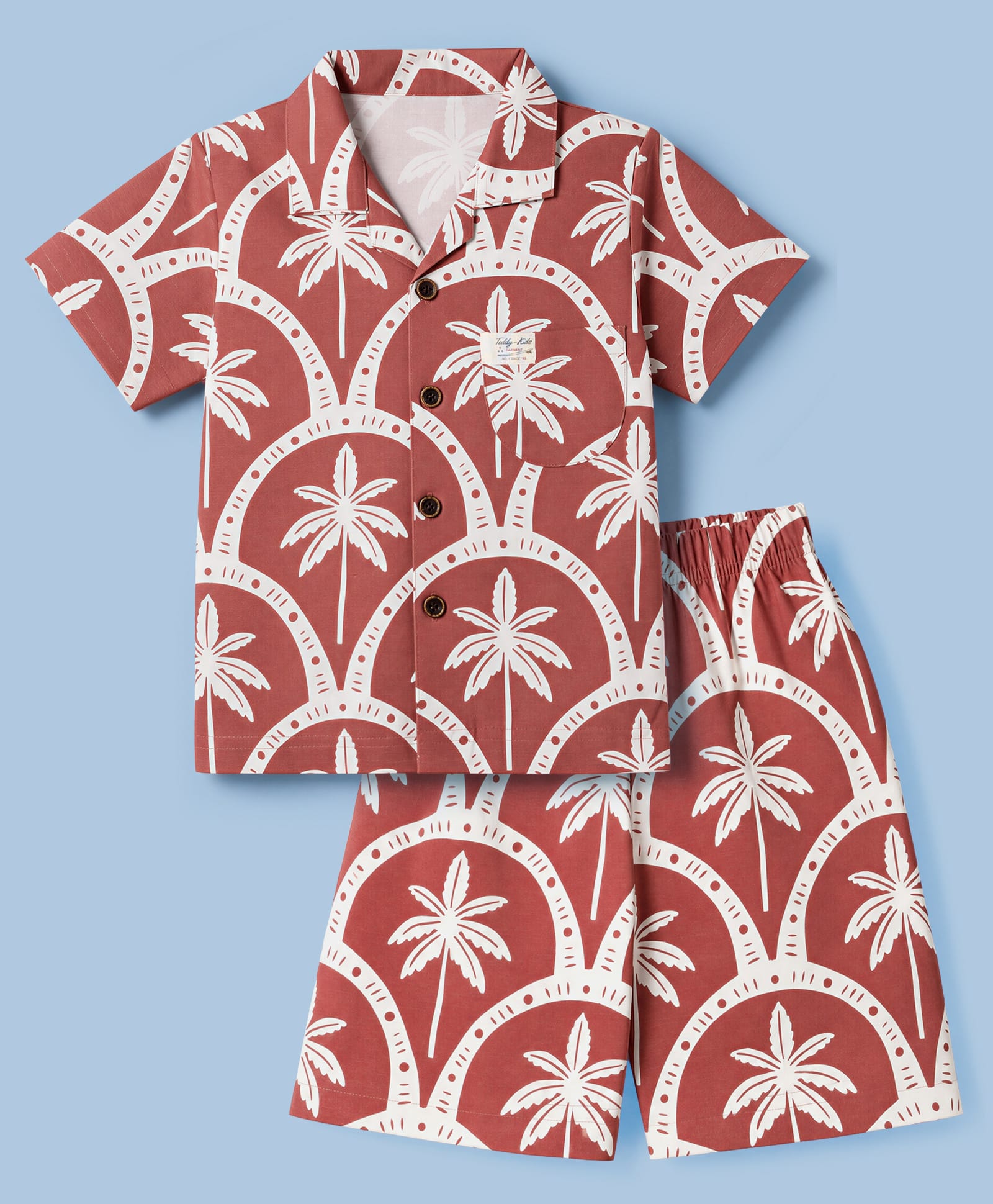 Teddy Sinker Knit Half Sleeves Co-ords Shirt & Shorts Night Suit with Palm Tree Print - Rust-picture-2