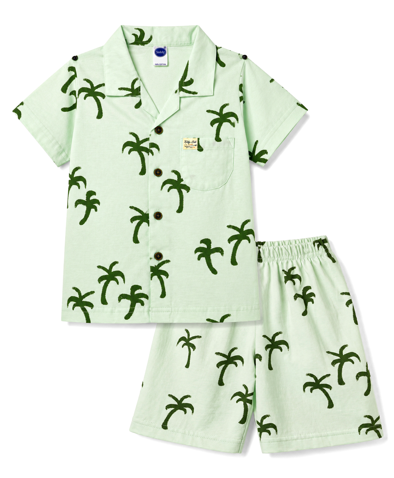 Teddy Sinker Knit Half Sleeves Palm Tree Printed Co-Ords Shirt & Shorts Set - Light Green-image-42