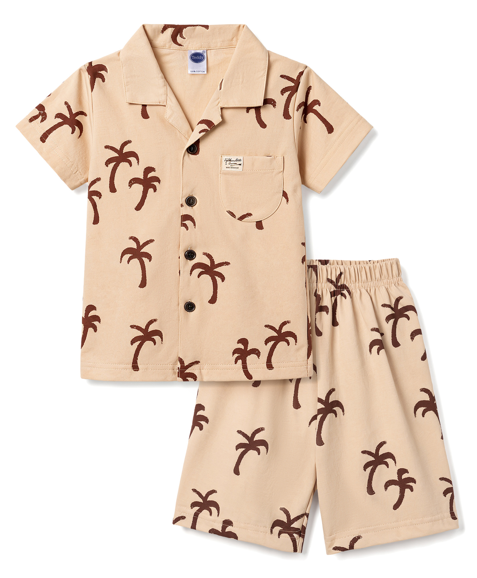 Teddy Sinker Knit Half Sleeves Palm Tree Printed Co-Ords Shirt & Shorts Set - Cream-image-39