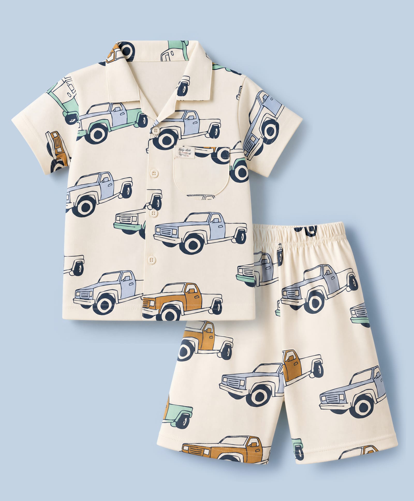 Teddy Sinker Knit Half Sleeves Co-Ords Shirt & Shorts Night Suit with Car Print - Beige-image-2