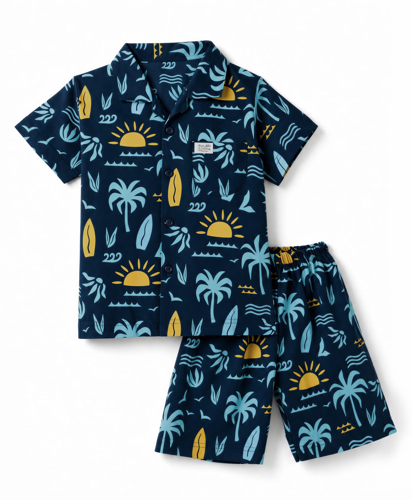 Teddy Sinker Knit Half Sleeves Co-Ords Shirt & Shorts Night Suit with Beach Theme Print - Navy-picture-32