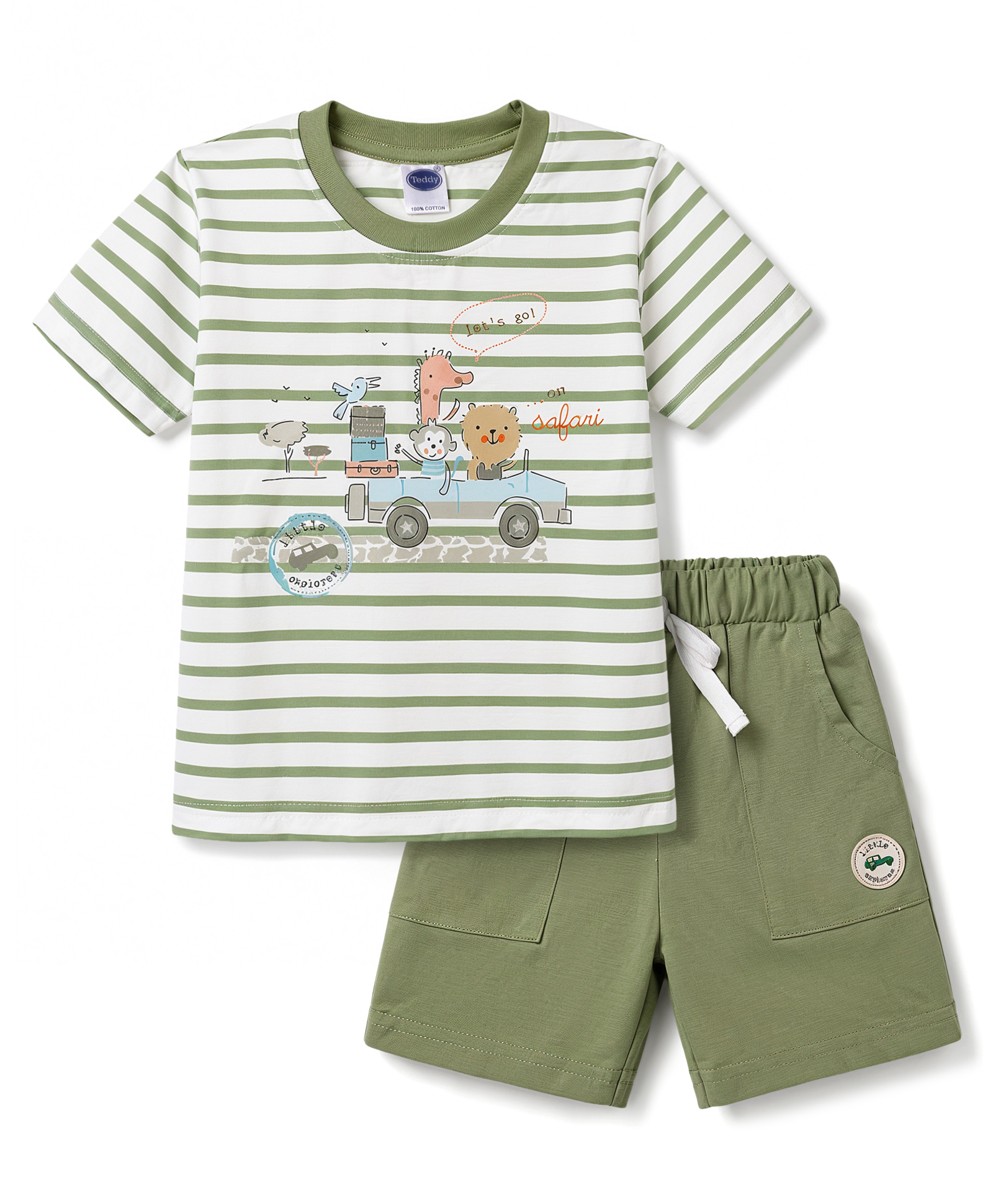Teddy Interlock Knit Half Sleeves T-Shirt & Shorts Set With Strips & Animal Print - Green-picture-6