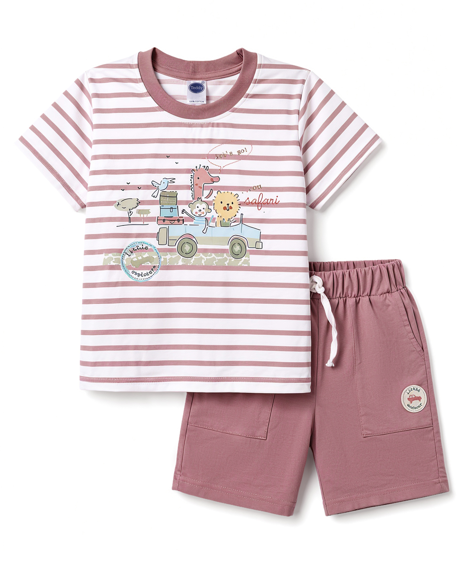 Teddy Interlock Knit Half Sleeves T-Shirt & Shorts Set With Stripe & Animal Print - Pink-picture-34