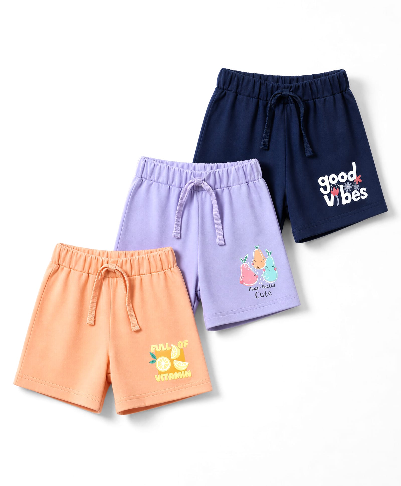 Teddy Sinker Knit Knee Length Shorts with Fruits & Text Print Pack Of 3 - Navy & Orange-picture-34